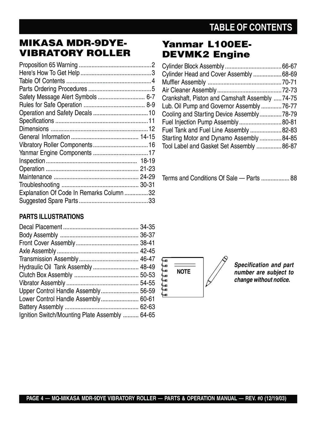 Multiquip MDR-9DYE manual Table of Contents 