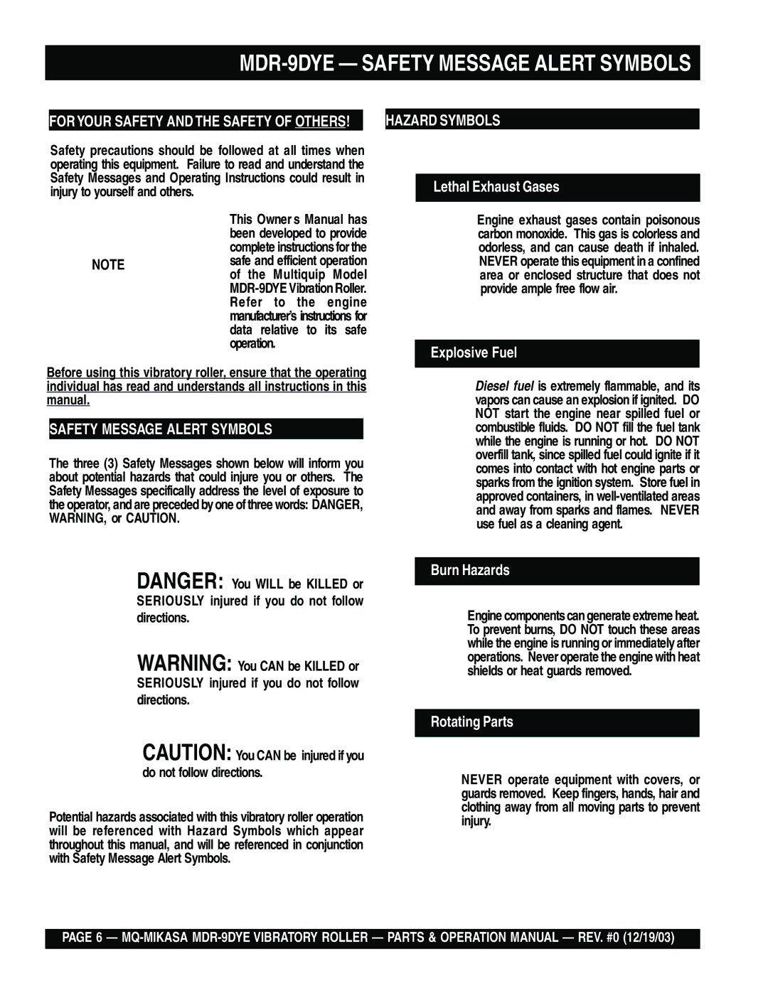 Multiquip manual MDR-9DYE Safety Message Alert Symbols 