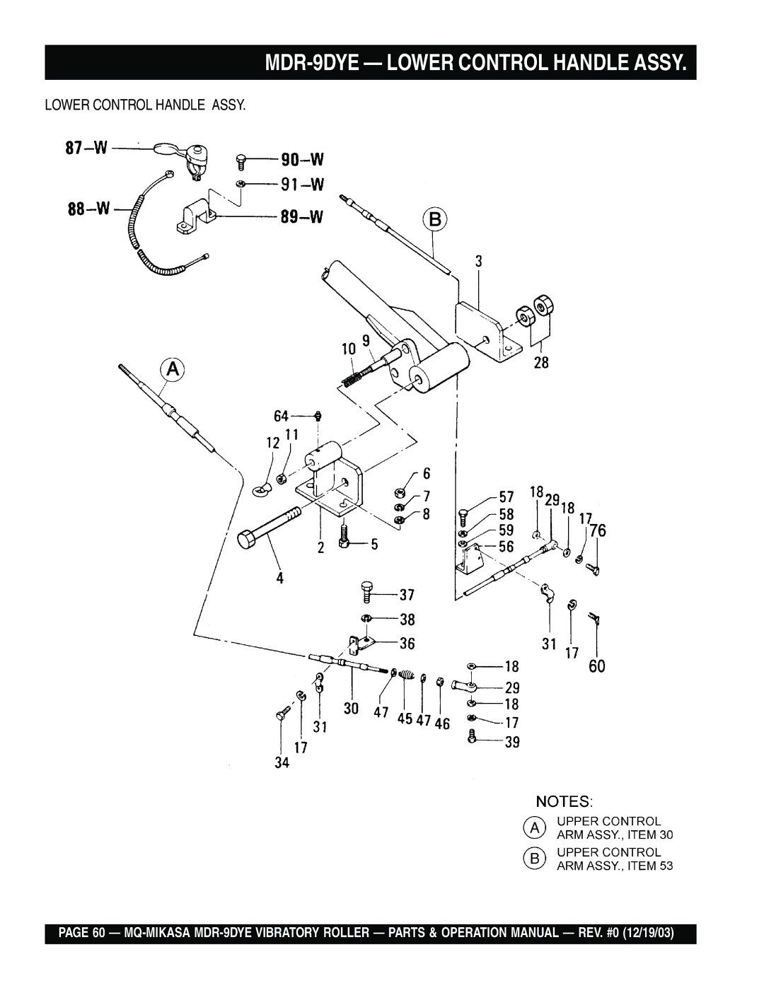 Multiquip manual MDR-9DYE Lower Control Handle Assy 