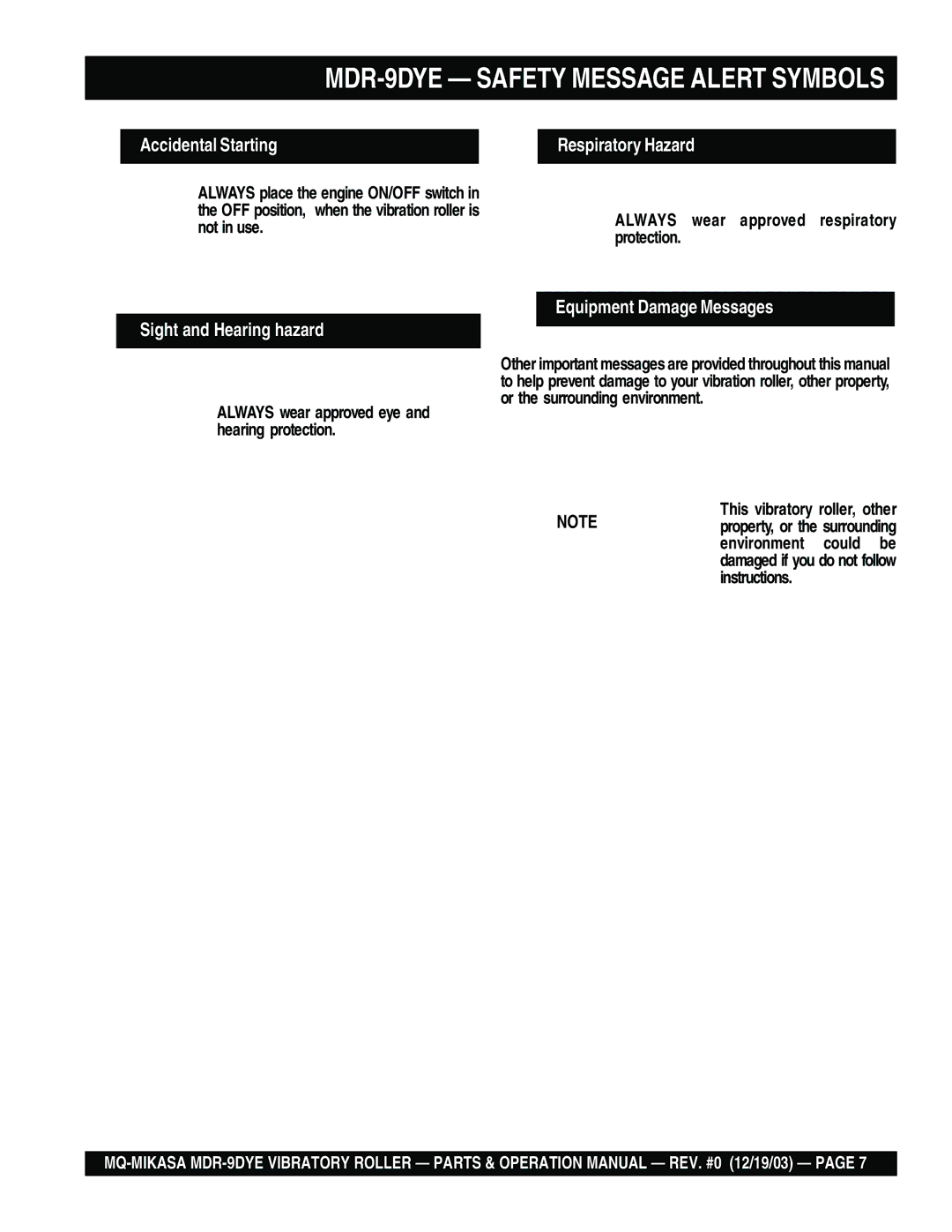 Multiquip manual MDR-9DYE Safety Message Alert Symbols 