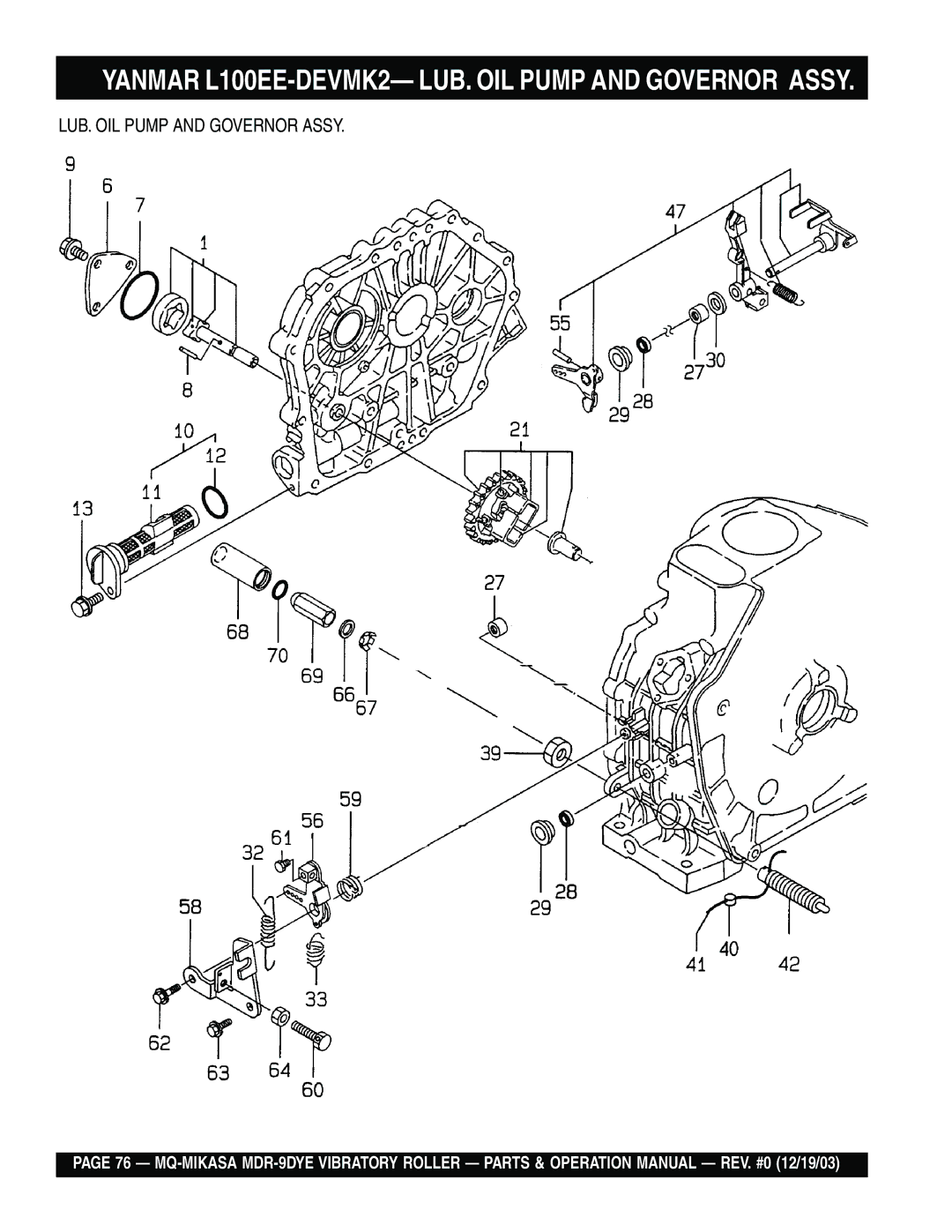 Multiquip MDR-9DYE manual Yanmar L100EE-DEVMK2- LUB. OIL Pump and Governor Assy 