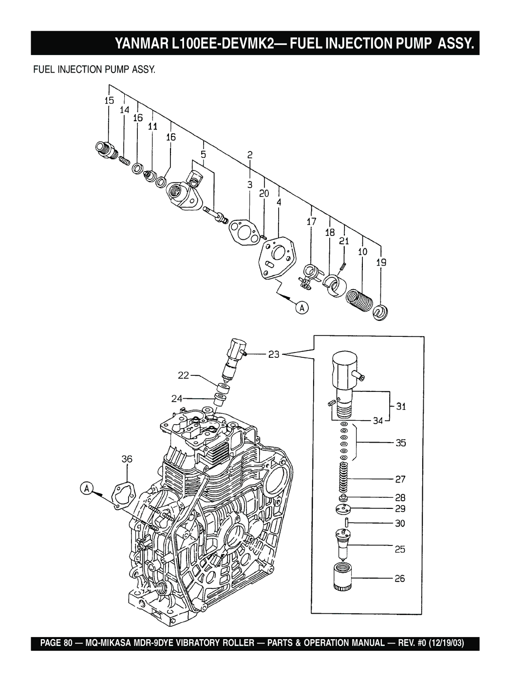 Multiquip MDR-9DYE manual Yanmar L100EE-DEVMK2- Fuel Injection Pump Assy 