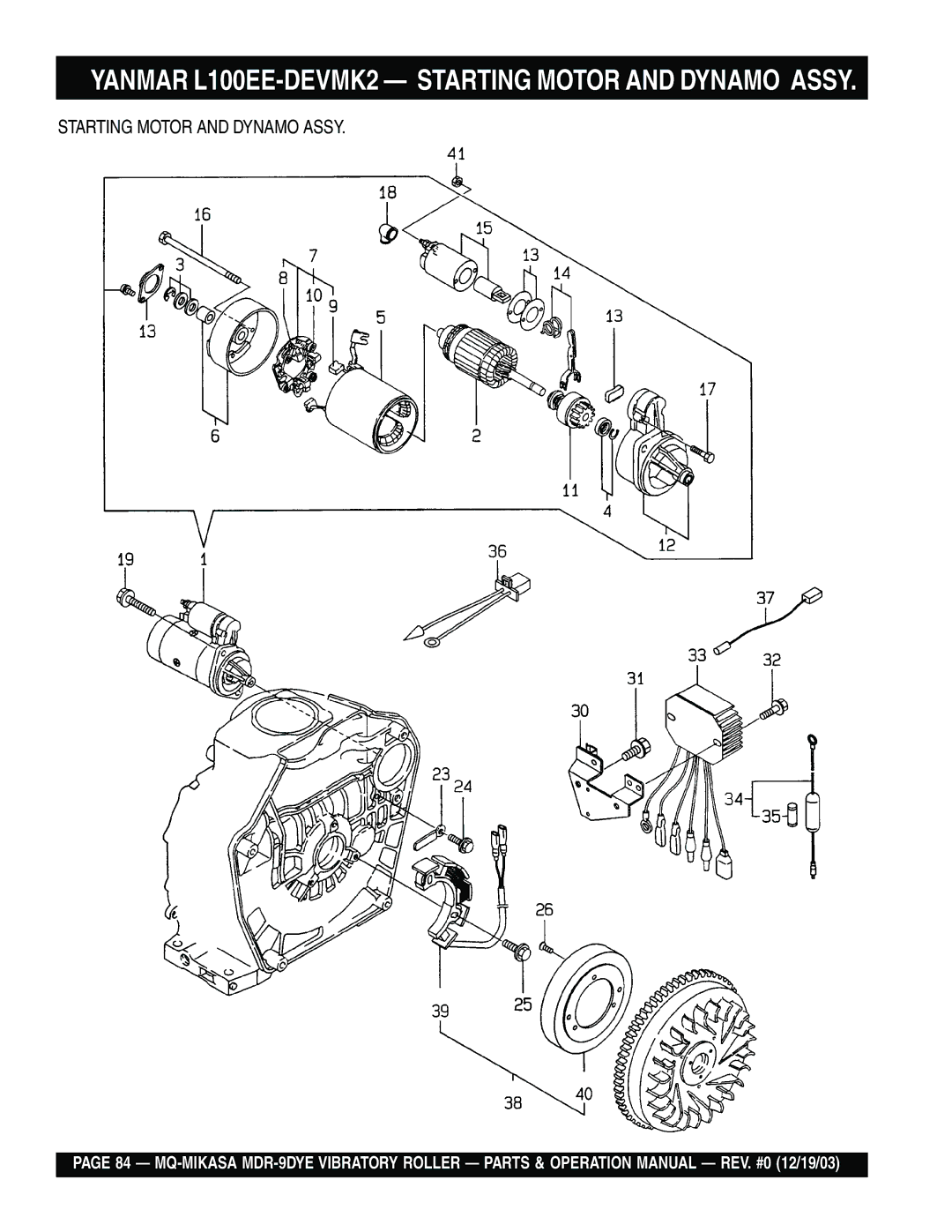 Multiquip MDR-9DYE manual Yanmar L100EE-DEVMK2 Starting Motor and Dynamo Assy 