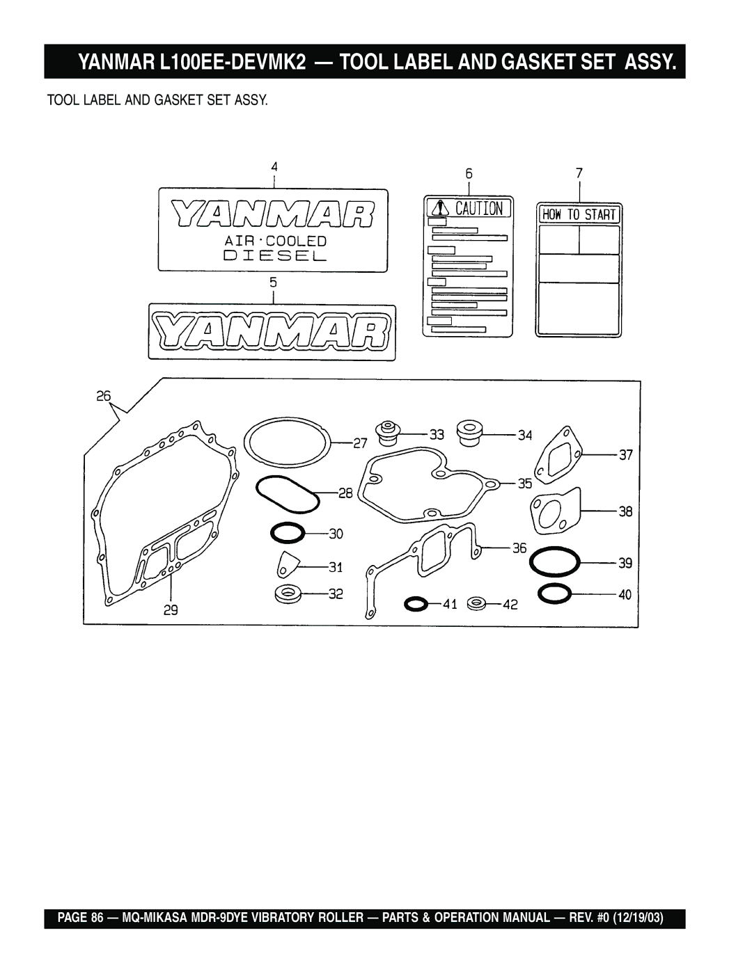 Multiquip MDR-9DYE manual Yanmar L100EE-DEVMK2 Tool Label and Gasket SET Assy 