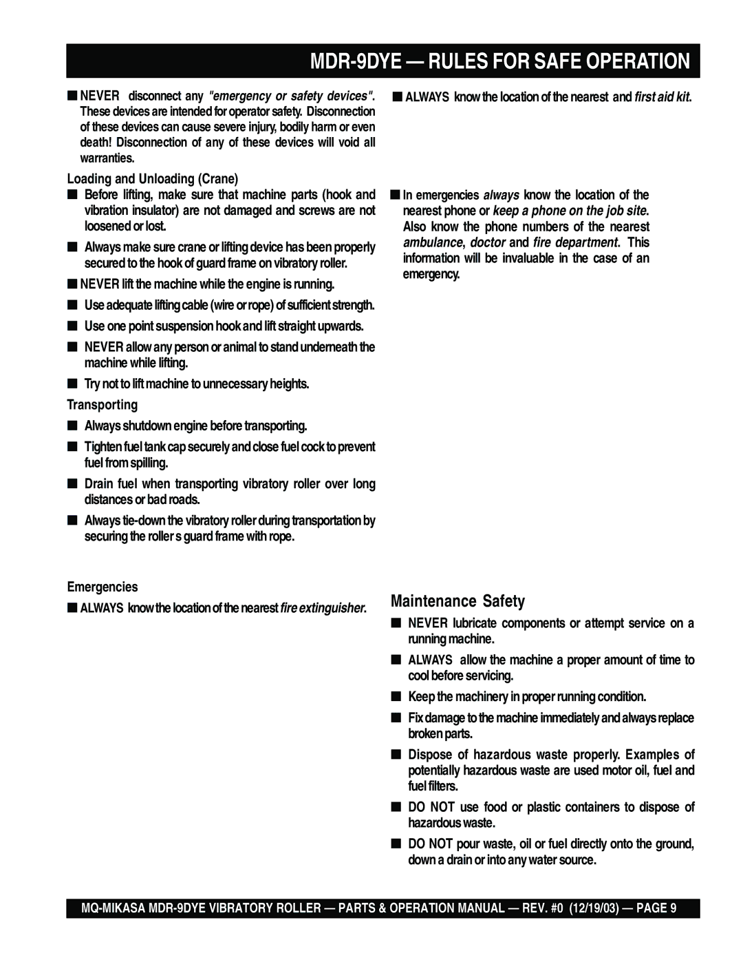 Multiquip manual MDR-9DYE Rules for Safe Operation 