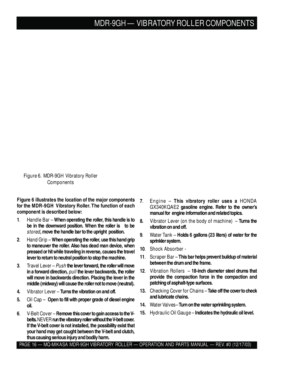 Multiquip manual MDR-9GH Vibratory Roller Components 