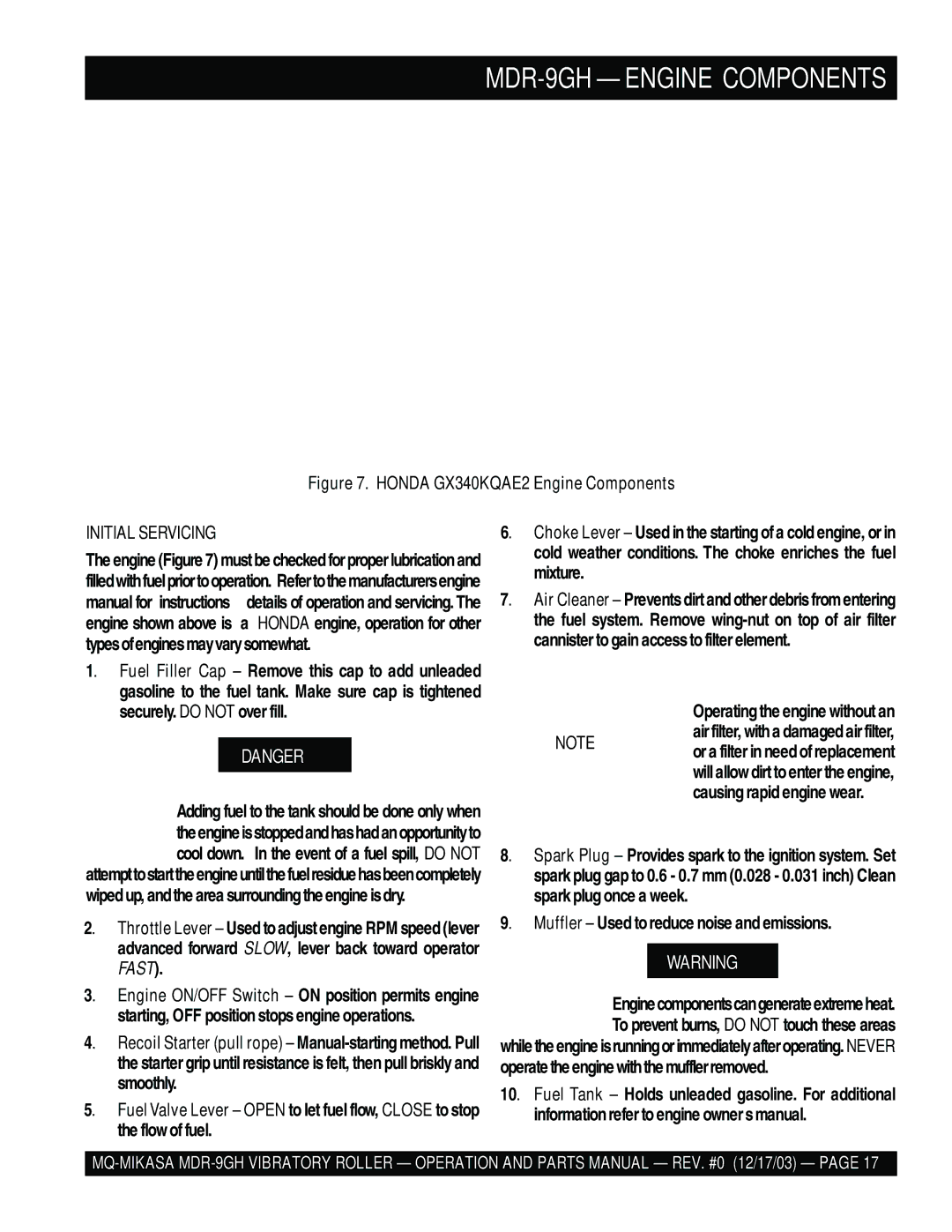 Multiquip manual MDR-9GH Engine Components, Initial Servicing 