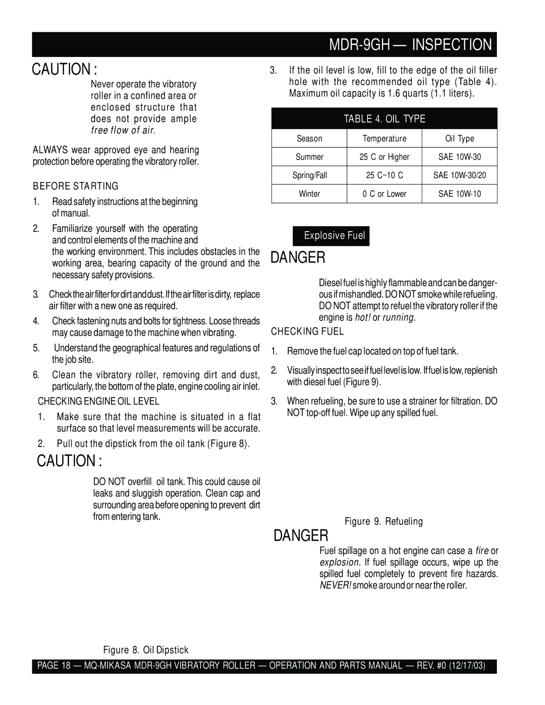 Multiquip manual MDR-9GH Inspection, Before Starting, Checking Engine OIL Level, Checking Fuel 