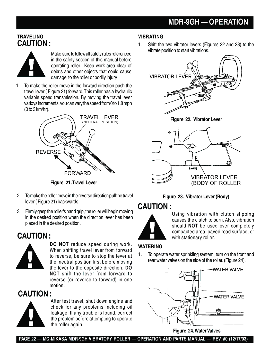 Multiquip manual MDR-9GH Operation, Traveling, Vibrating, Watering 