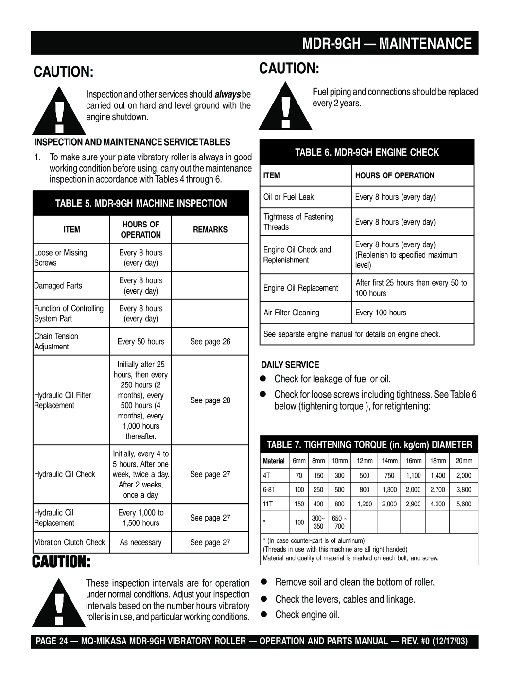 Multiquip manual MDR-9GH Maintenance, Check for leakage of fuel or oil, Daily Service 