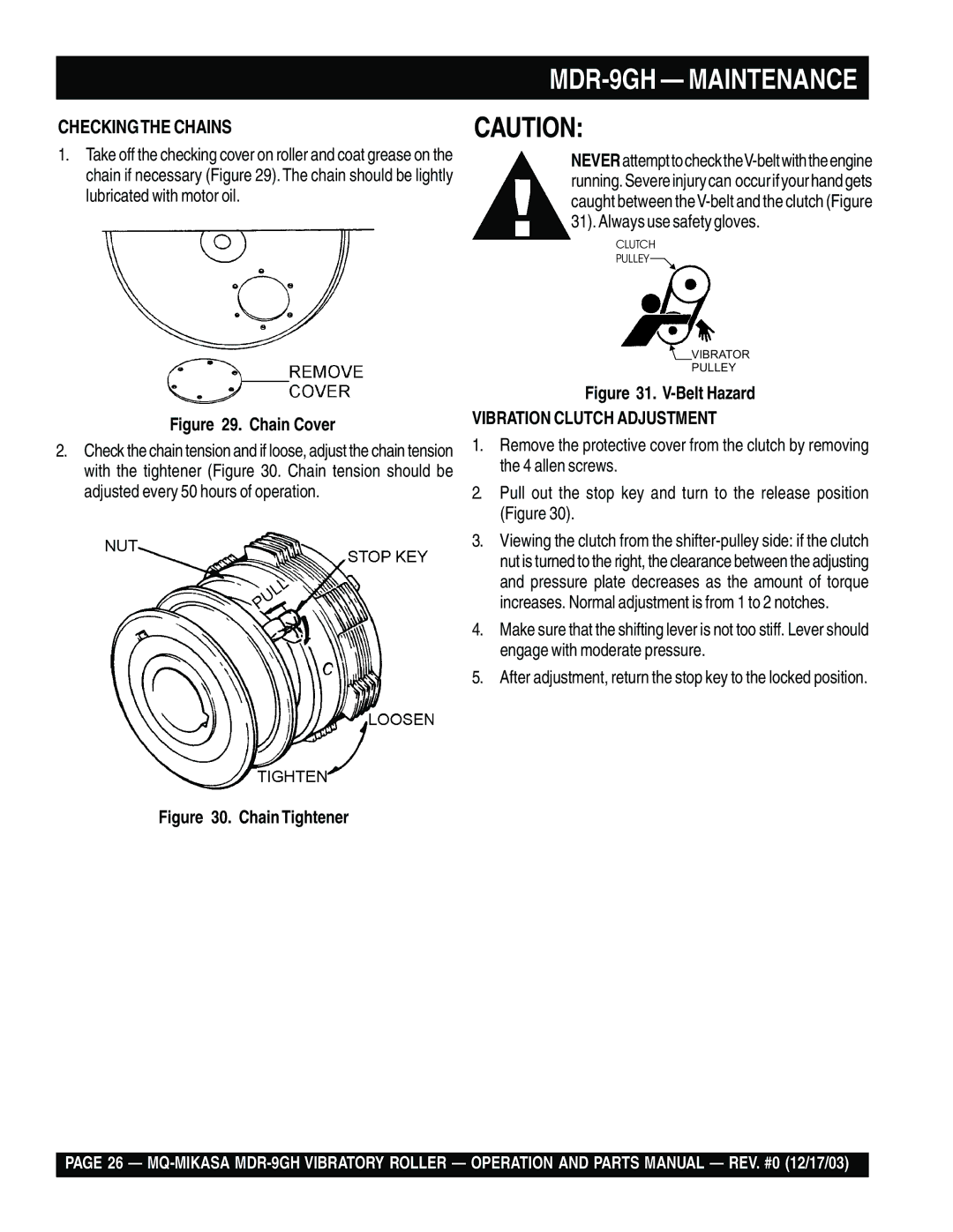 Multiquip MDR-9GH manual Checkingthe Chains, Vibration Clutch Adjustment 