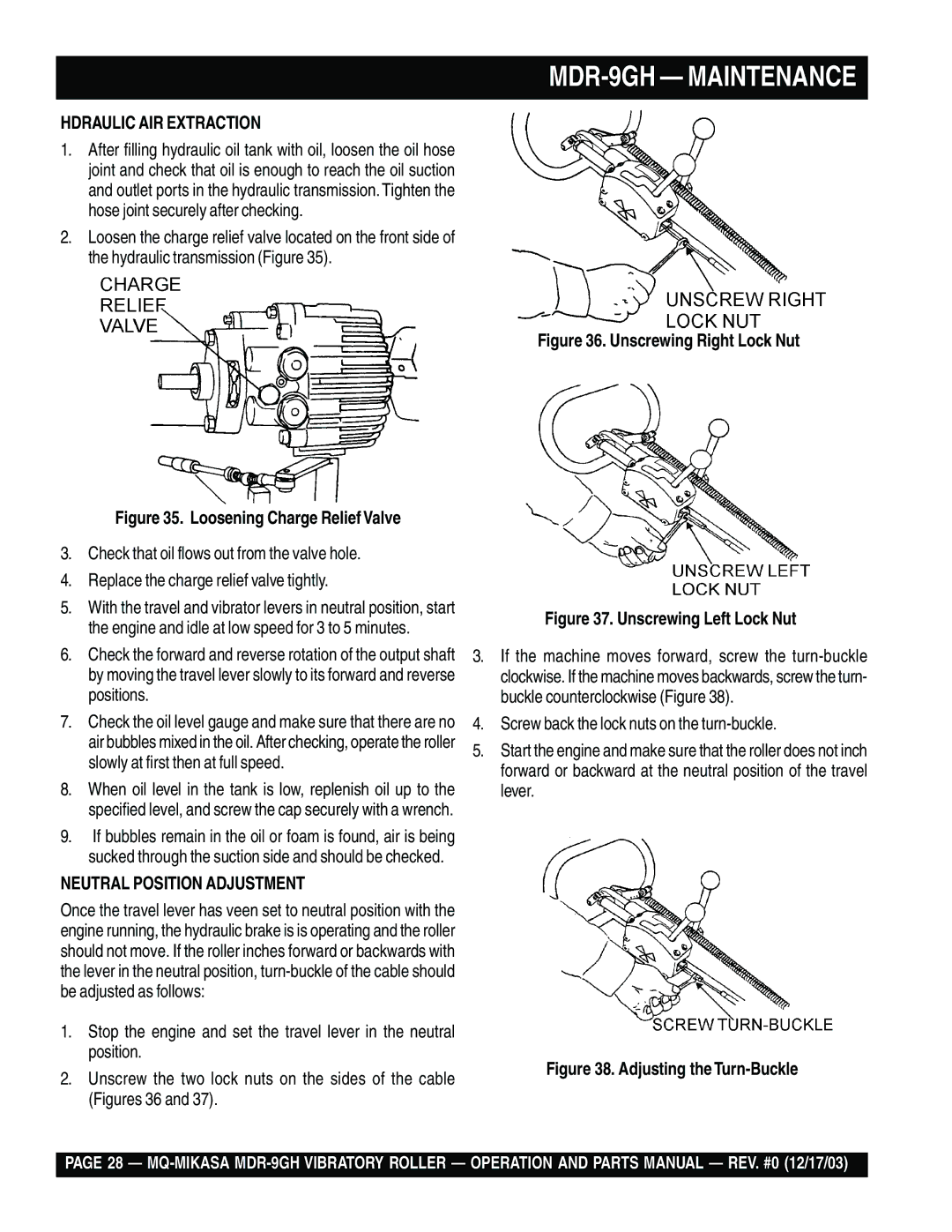 Multiquip MDR-9GH manual Hdraulic AIR Extraction, Neutral Position Adjustment 