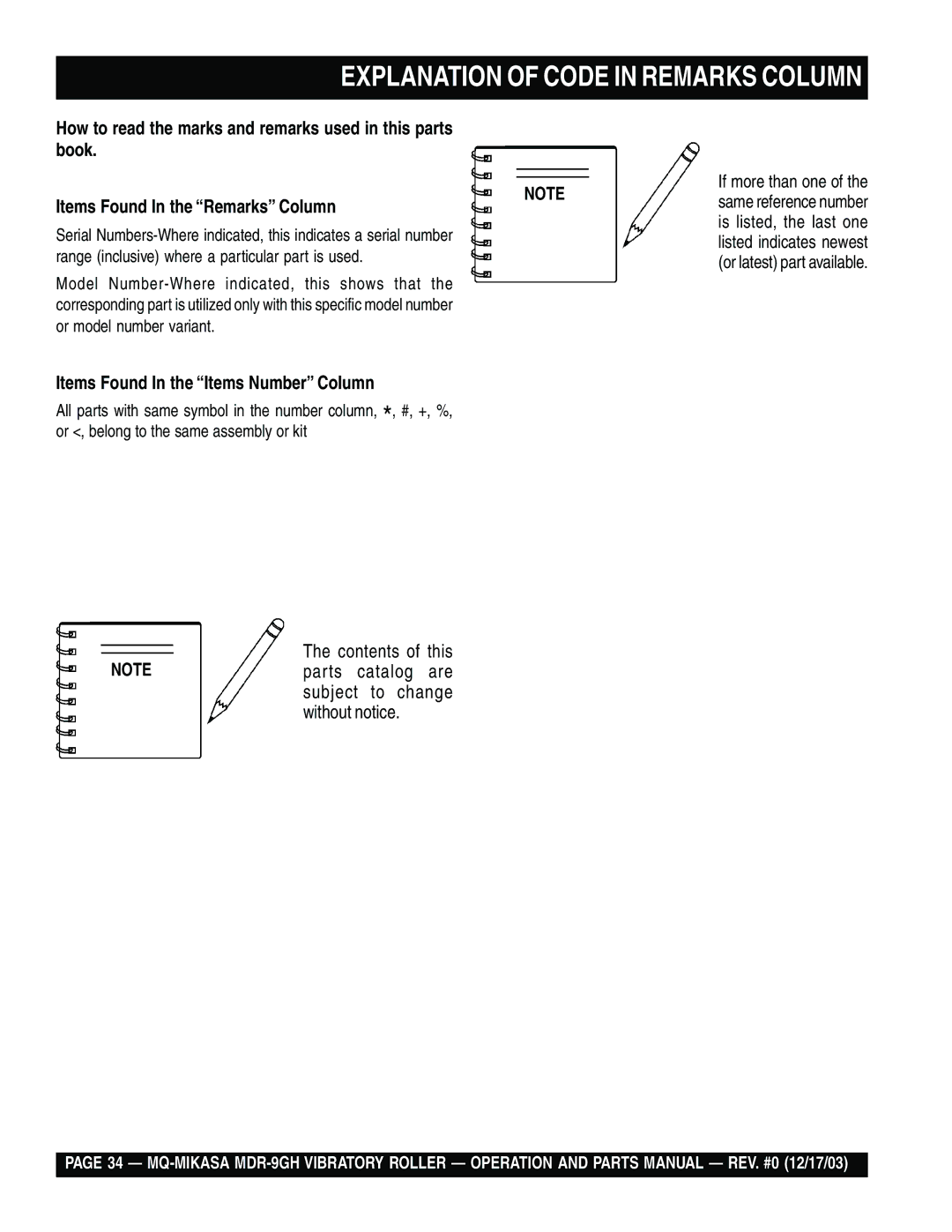 Multiquip MDR-9GH manual Explanation of Code in Remarks Column, Contents of this 