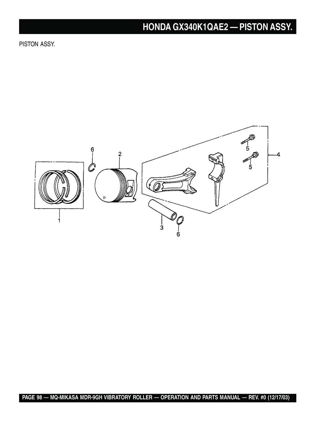 Multiquip MDR-9GH manual Honda GX340K1QAE2 Piston Assy 