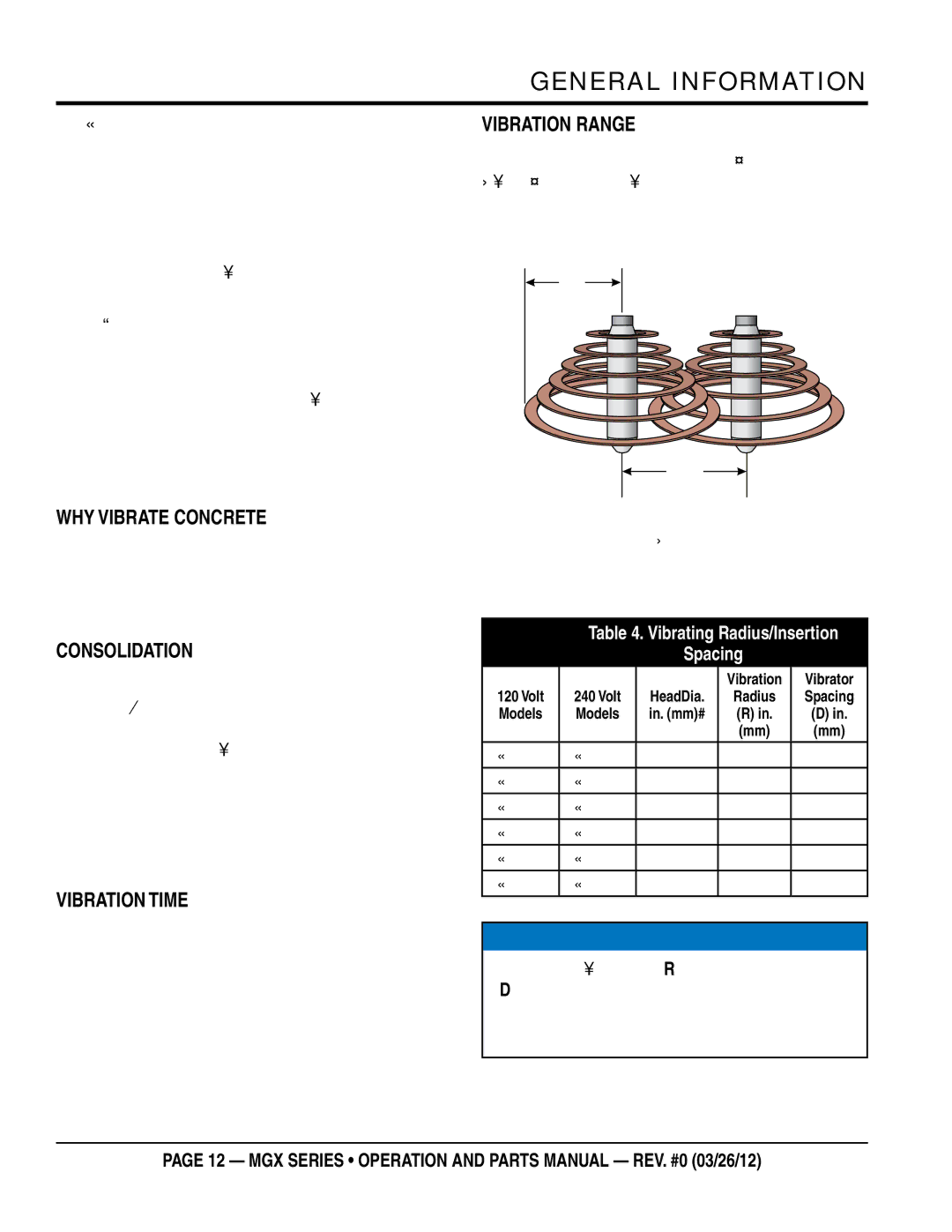 Multiquip MGX manual General information, Why vibrate concrete, Consolidation, Vibration time, Vibration range 