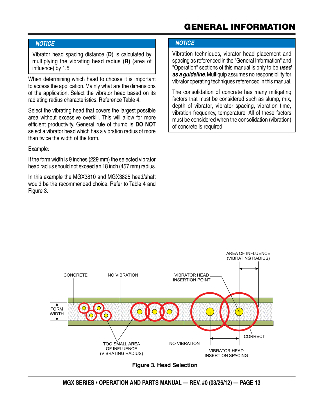 Multiquip MGX manual Example, Head Selection 