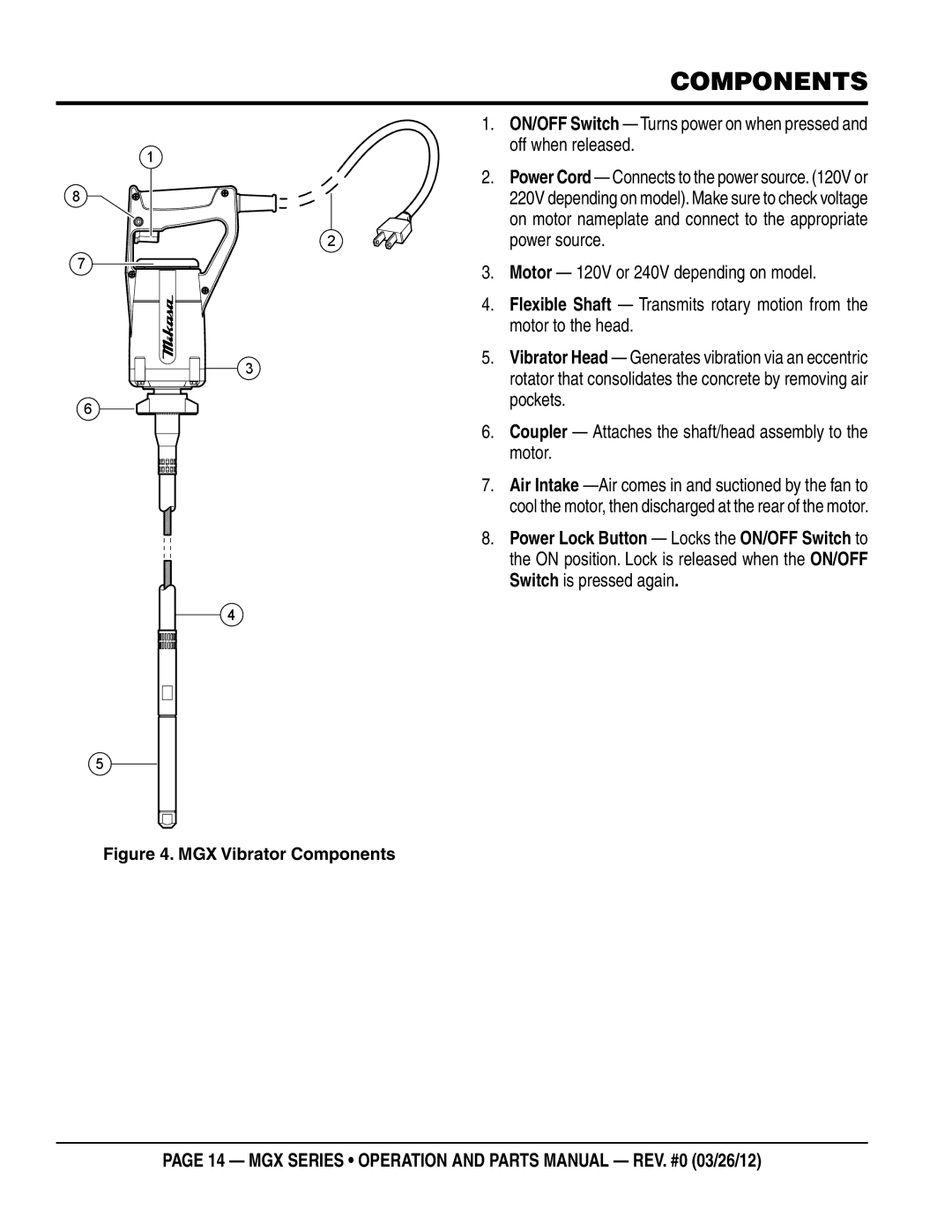 Multiquip MGX manual Components, 220V depending on model. Make sure to check voltage, Power source 