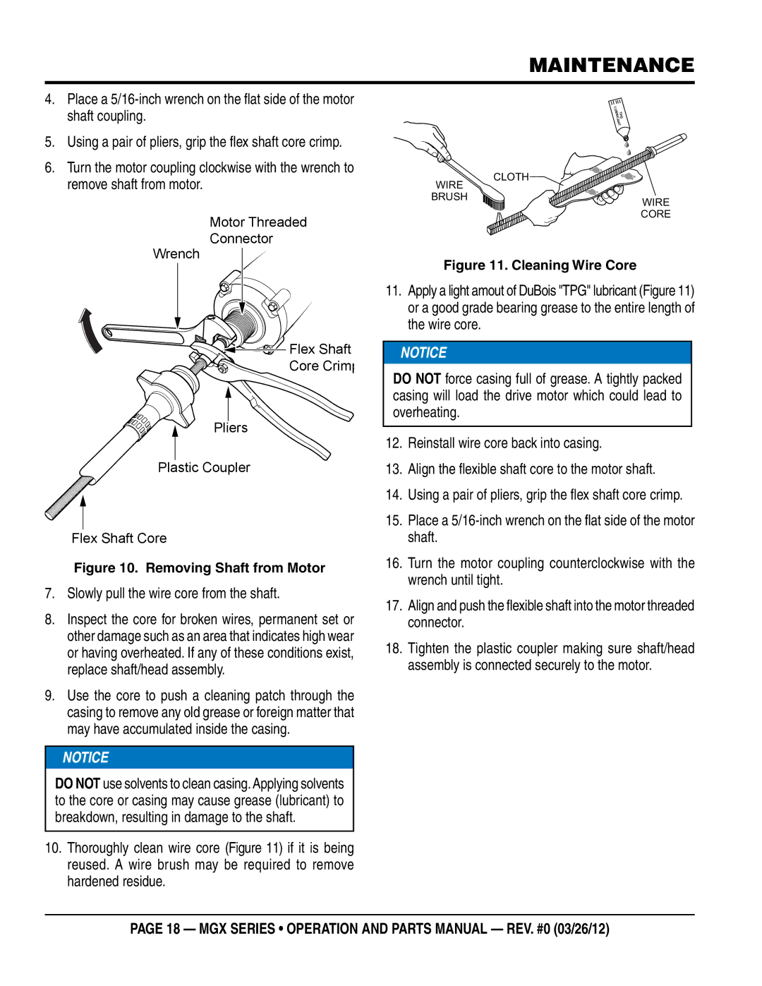 Multiquip MGX manual Slowly pull the wire core from the shaft, Removing Shaft from Motor 