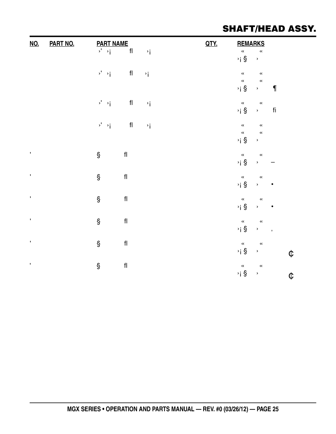 Multiquip 242913040, MGX12325/MGX22325, 242913010, MGX12810/MGX22810, MGX12825/MGX22825, 242913020, MGX13225/MGX23225 