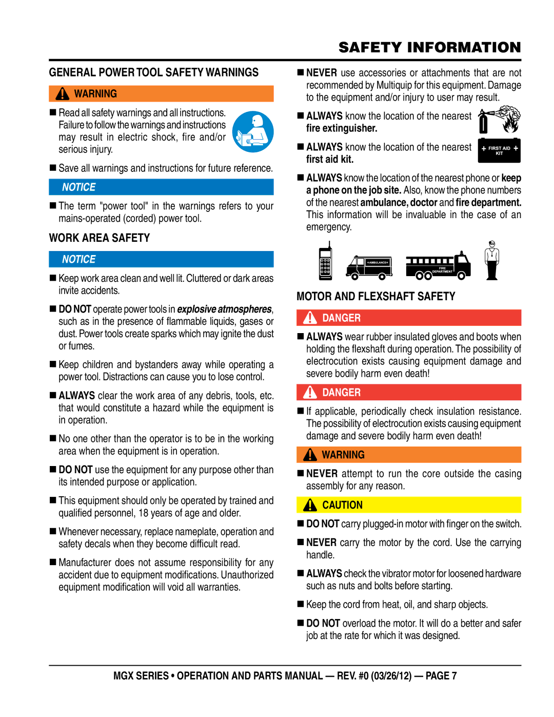 Multiquip MGX manual General poWer Tool SaFeTy WarningS, WorK area SaFeTy, MoTor and FleXSHaFT SaFeTy 