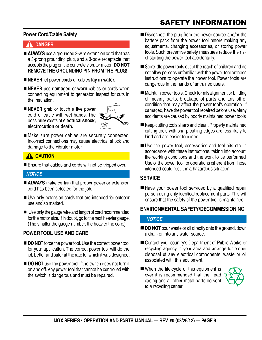 Multiquip MGX manual Power Cord/Cable Safety, PoWer Tool uSe and Care, ServiCe, EnvironMenTal SaFeTy/deCoMMiSSioning 