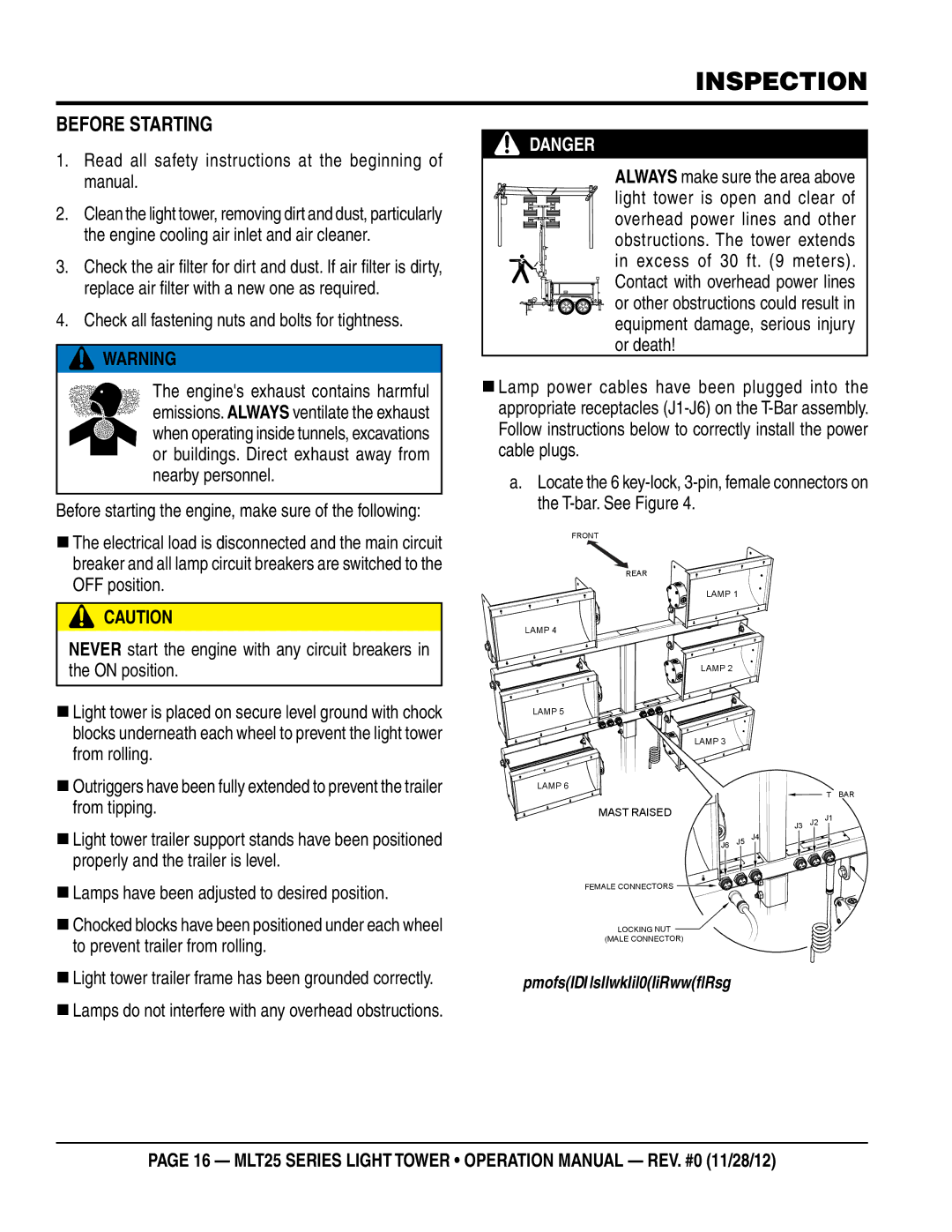 Multiquip MLT25 operation manual Inspection, Before starting, Read all safety instructions at the beginning of manual 