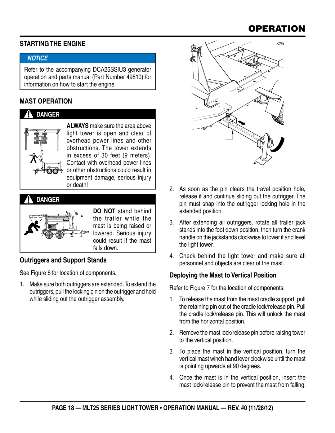 Multiquip MLT25 operation manual Operation, Starting the Engine, Mast operation, Outriggers and Support Stands 