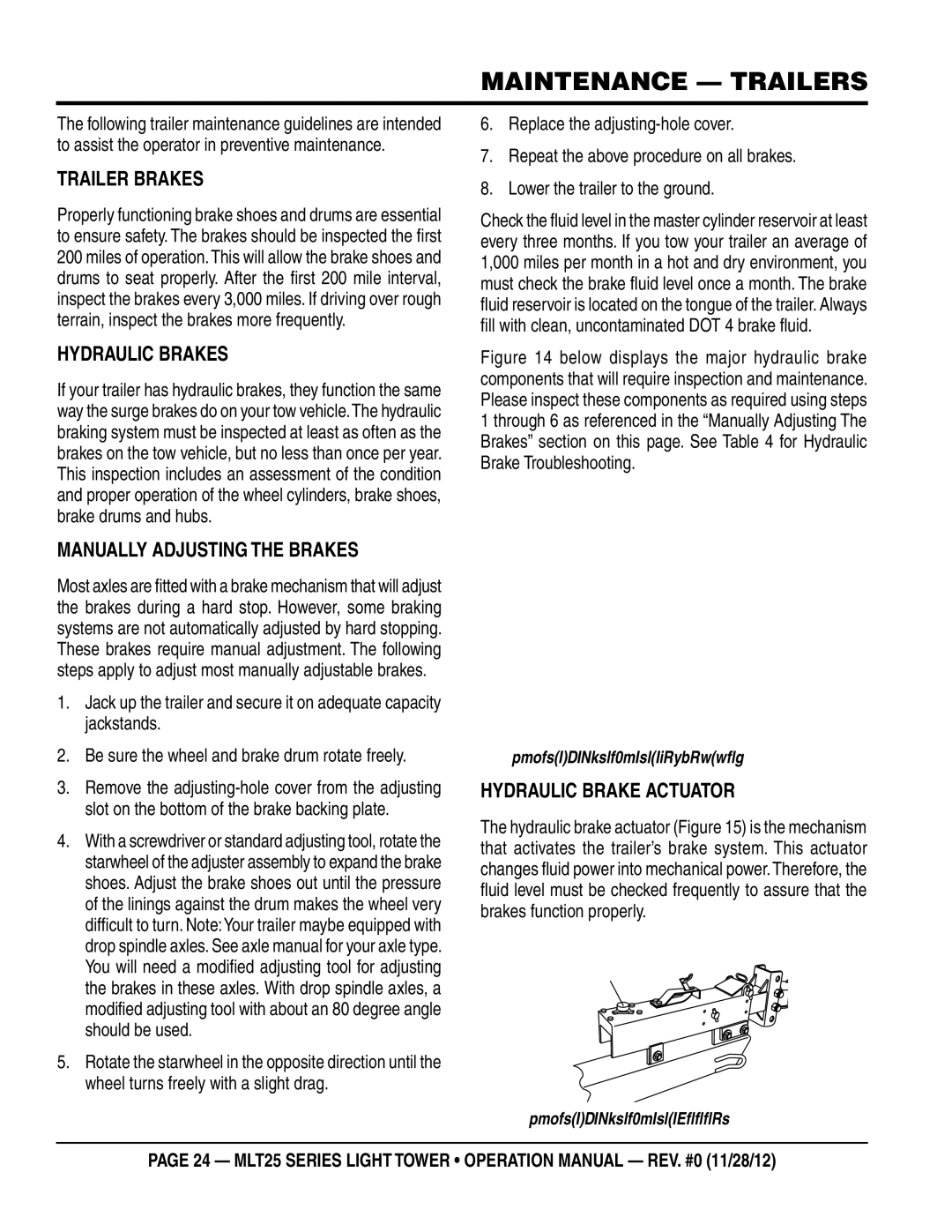 Multiquip MLT25 operation manual Maintenance Trailers, Trailer Brakes, Hydraulic Brakes, Manually Adjusting the Brakes 