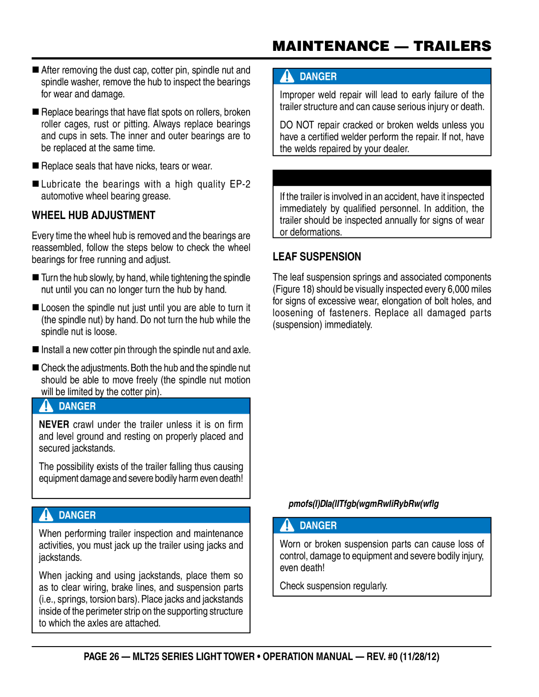 Multiquip MLT25 operation manual Wheel Hub Adjustment, Leaf Suspension 