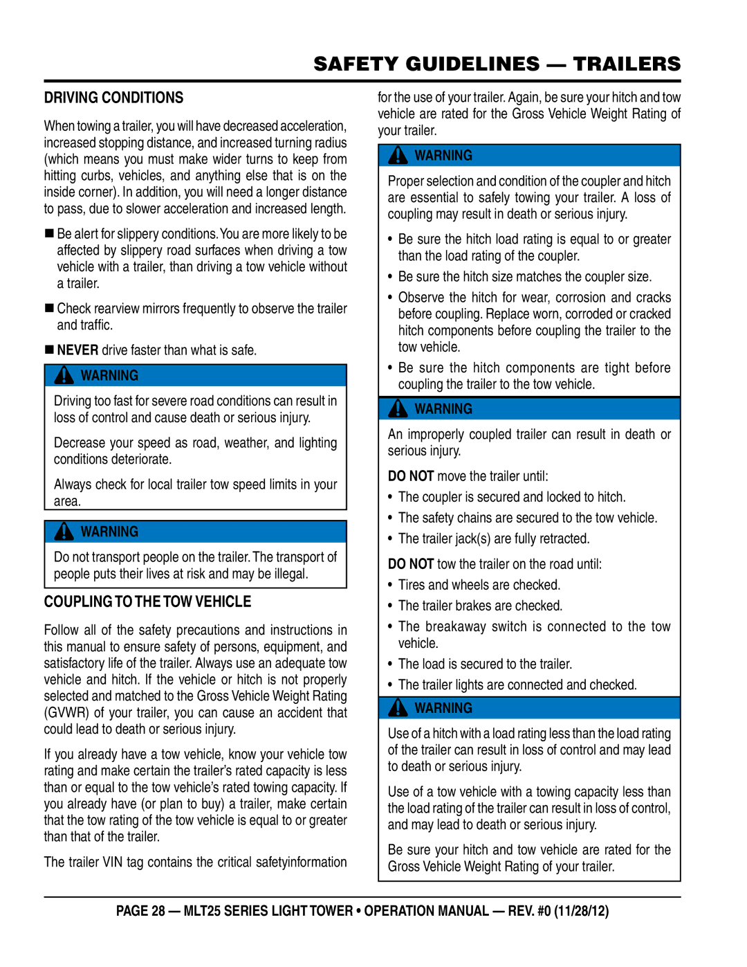 Multiquip MLT25 operation manual DRIvIng COnDITIOns, COupLIng to THe TOW veHICLe 