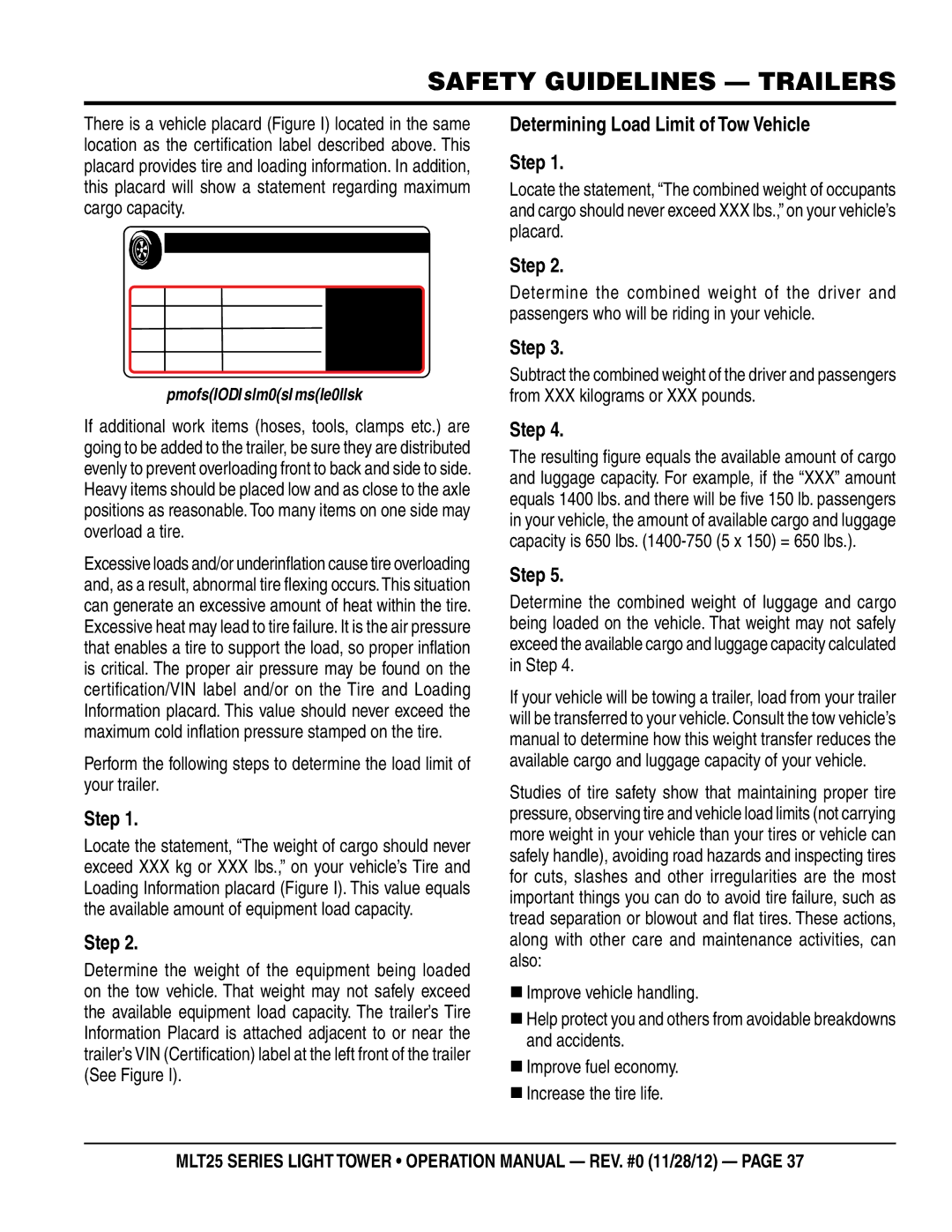 Multiquip MLT25 operation manual Step, Determining Load Limit of Tow vehicle step 