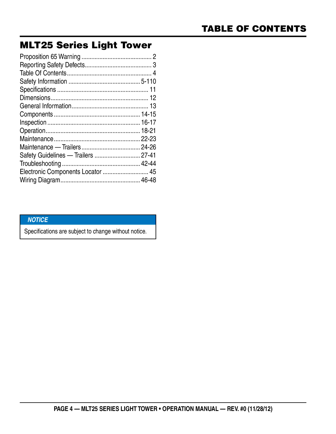 Multiquip MLT25 operation manual Table of Contents, Specifications are subject to change without notice 