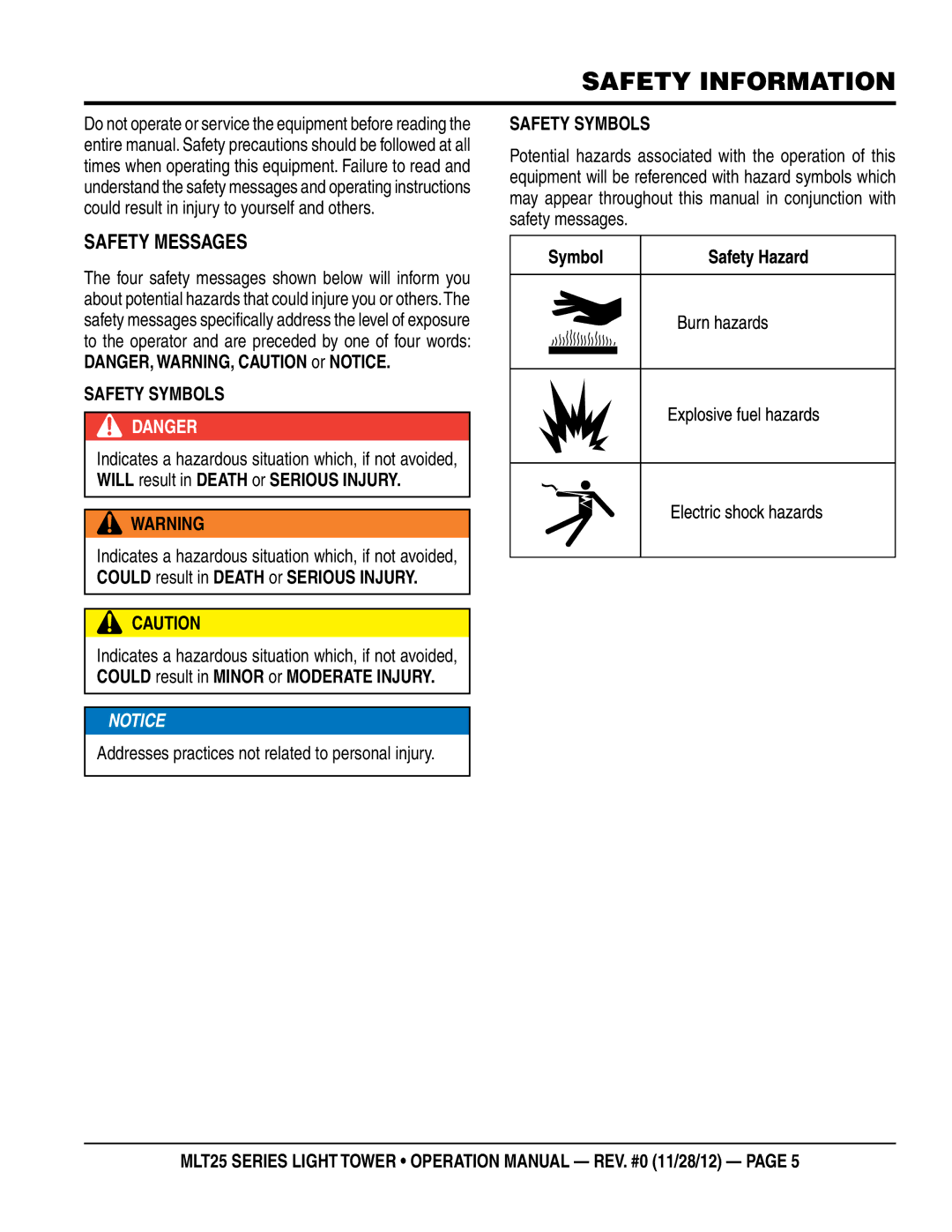 Multiquip MLT25 Safety Information, SaFeTY Messages, SaFeTY sYMBOLs, Addresses practices not related to personal injury 