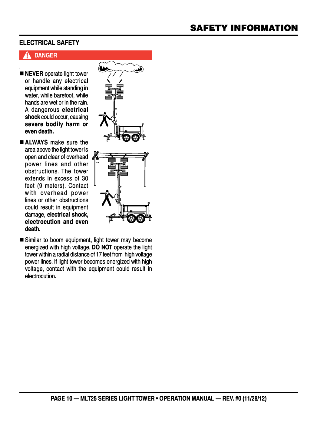 Multiquip MLT25 operation manual eLeCTRICaL saFeTY, Safety Information, DangeR, „ neveR operate light tower 