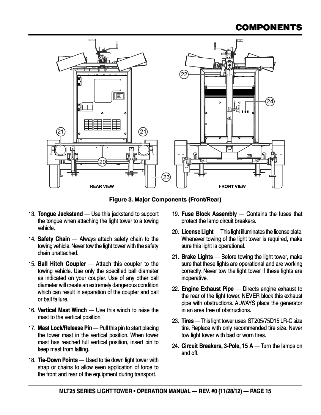 Multiquip MLT25 operation manual components, Circuit Breakers, 3-Pole, 15 A - Turn the lamps on and off 
