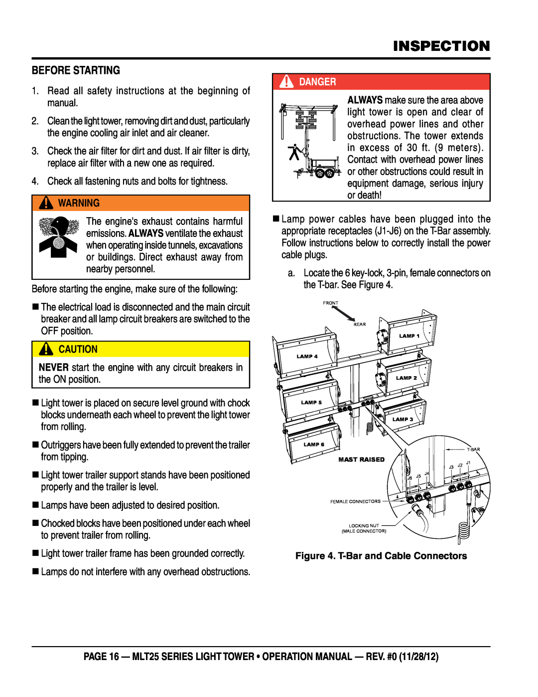 Multiquip MLT25 operation manual inspection, before starting, Danger 