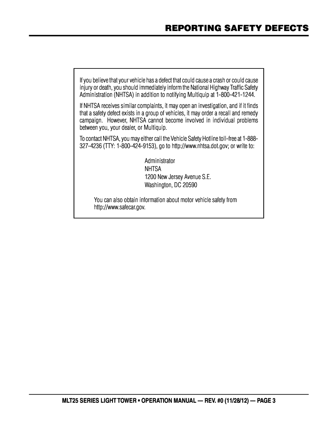 Multiquip Reporting Safety Defects, MLT25 SERIES LIGHT TOWER operation manual - rev. #0 11/28/12 - page 