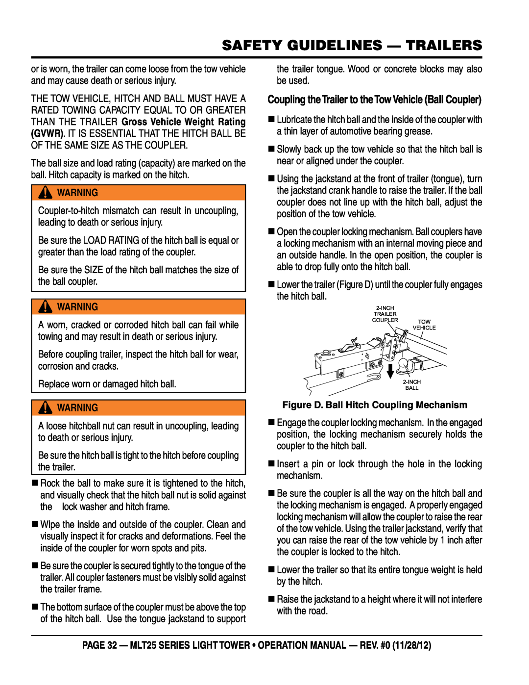 Multiquip MLT25 operation manual Coupling the Trailer to the Tow vehicle Ball Coupler, safety guidelines - TRAILERS 