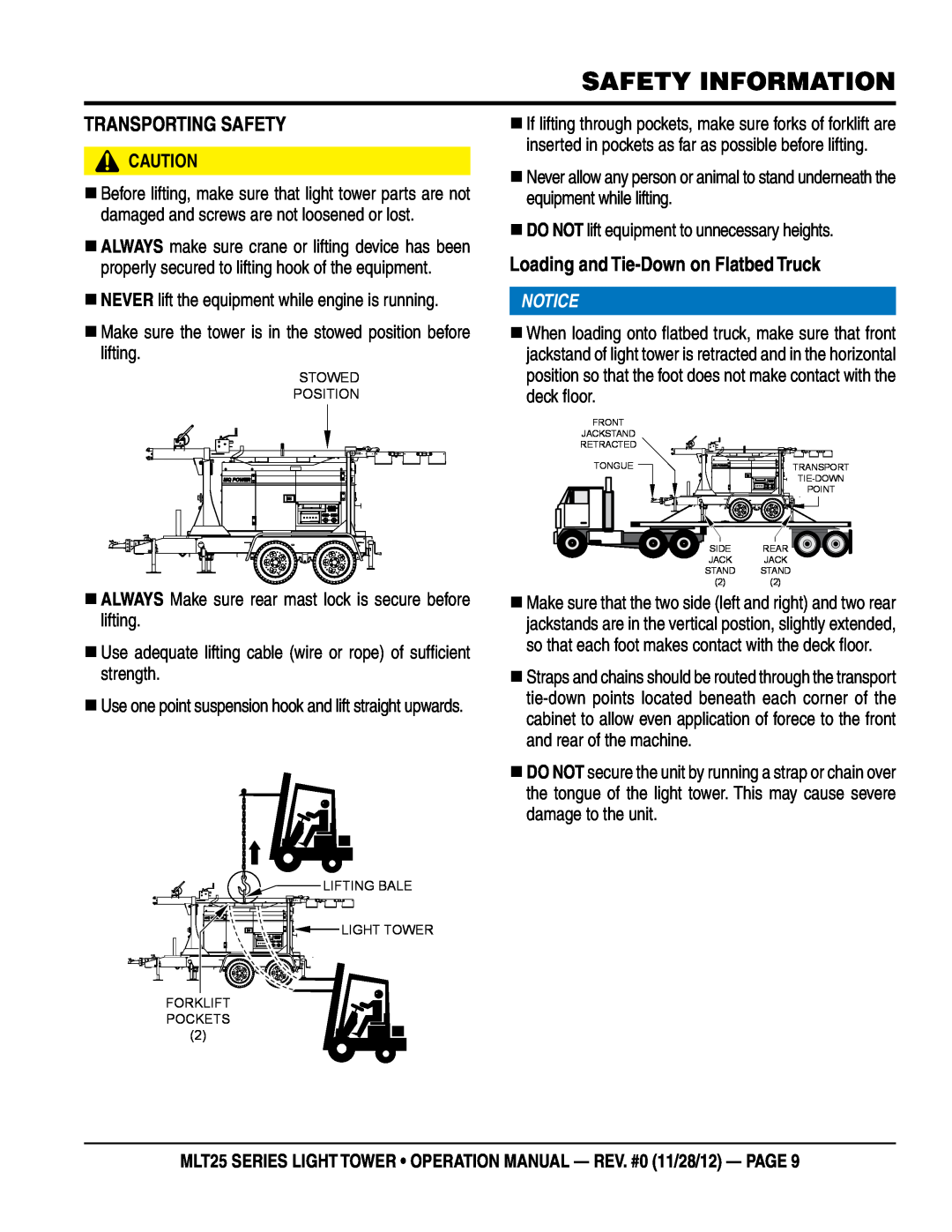Multiquip MLT25 operation manual TRanspORTIng saFeTY, Loading and Tie-Down on Flatbed Truck, Safety Information 