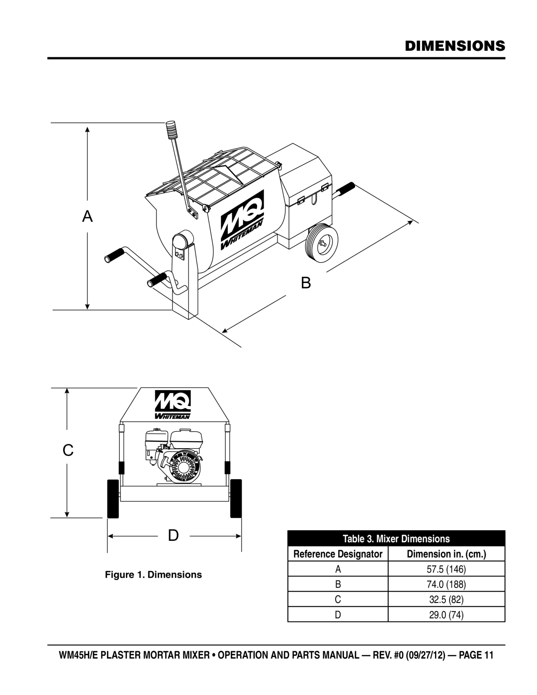 Multiquip Model WM45H manual Mixer Dimensions, Dimension in. cm 