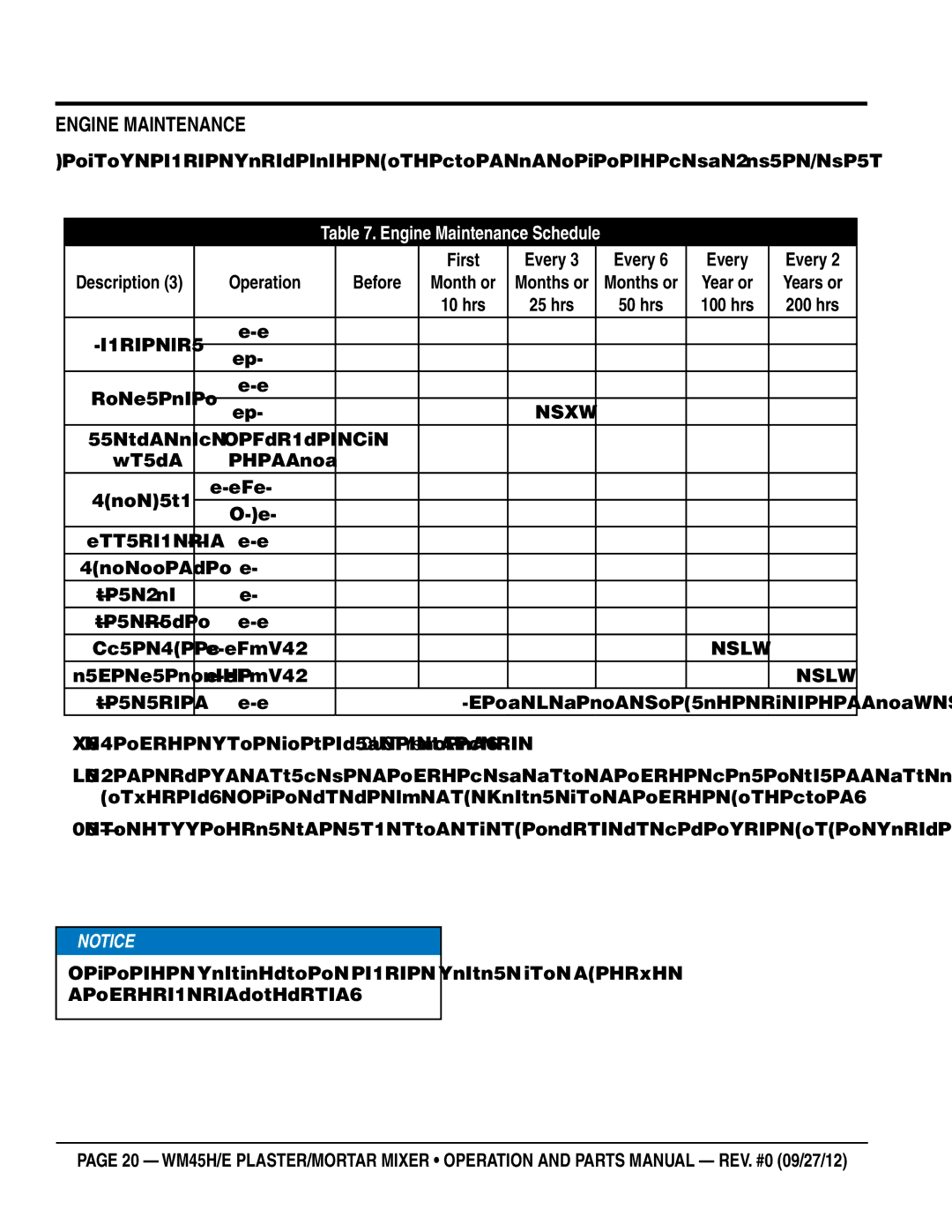 Multiquip Model WM45H manual Maintenance Engine, Engine Maintenance Schedule, First Every 