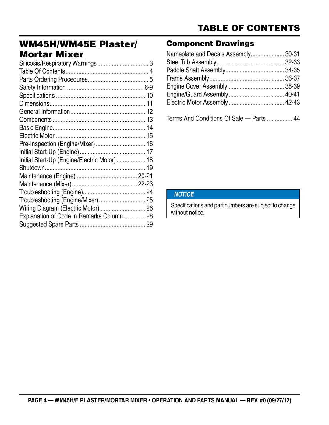 Multiquip Model WM45H manual WM45H/WM45E Plaster/ Mortar Mixer, Table of Contents 