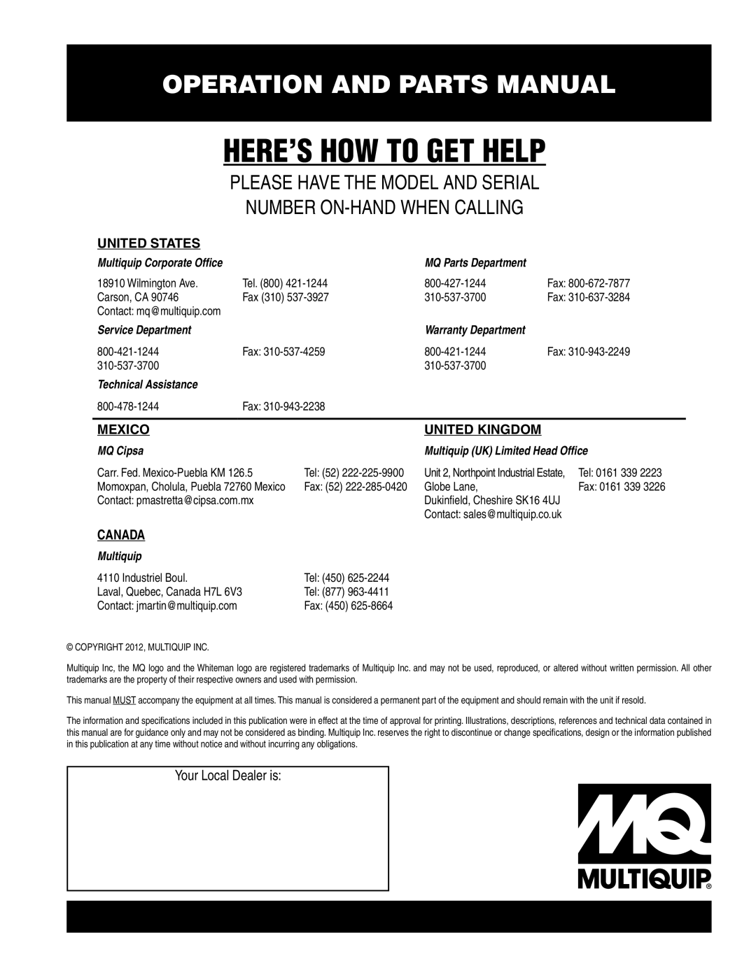 Multiquip Model WM45H manual HERE’S HOW to GET Help 