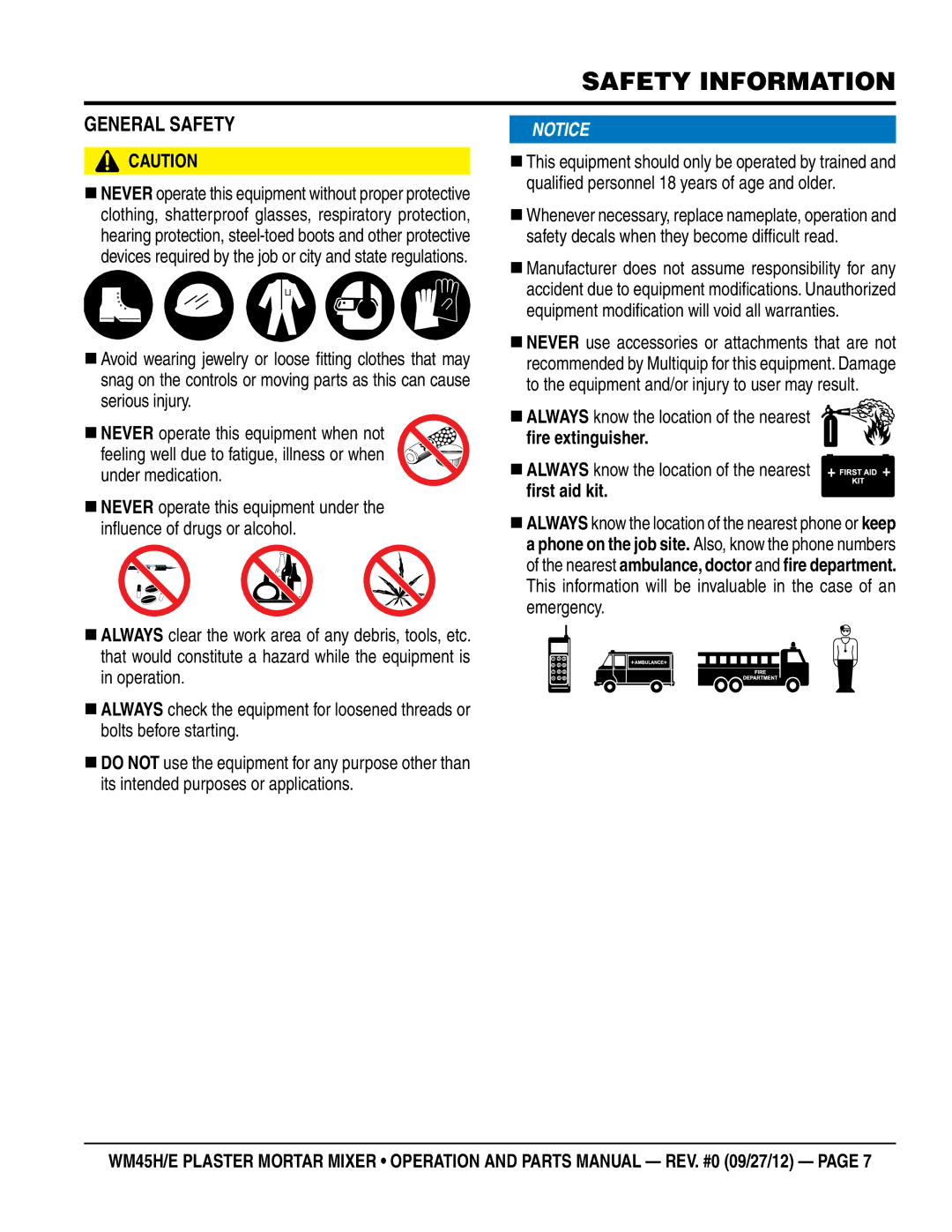 Multiquip Model WM45H manual GeneRaL SaFeTY 