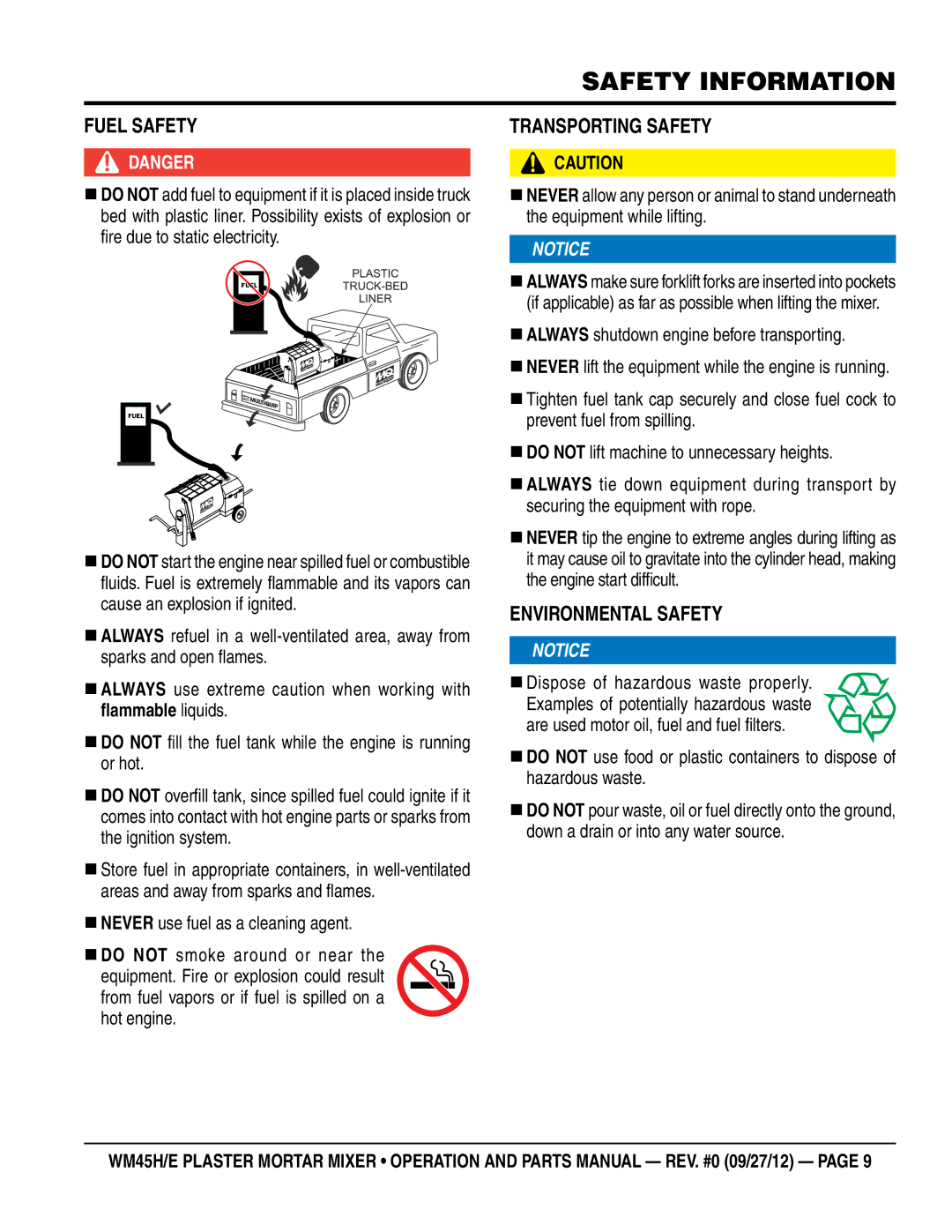 Multiquip Model WM45H manual FueL SaFeTY, TRanSpORTIng SaFeTY, EnvIROnMenTaL SaFeTY 