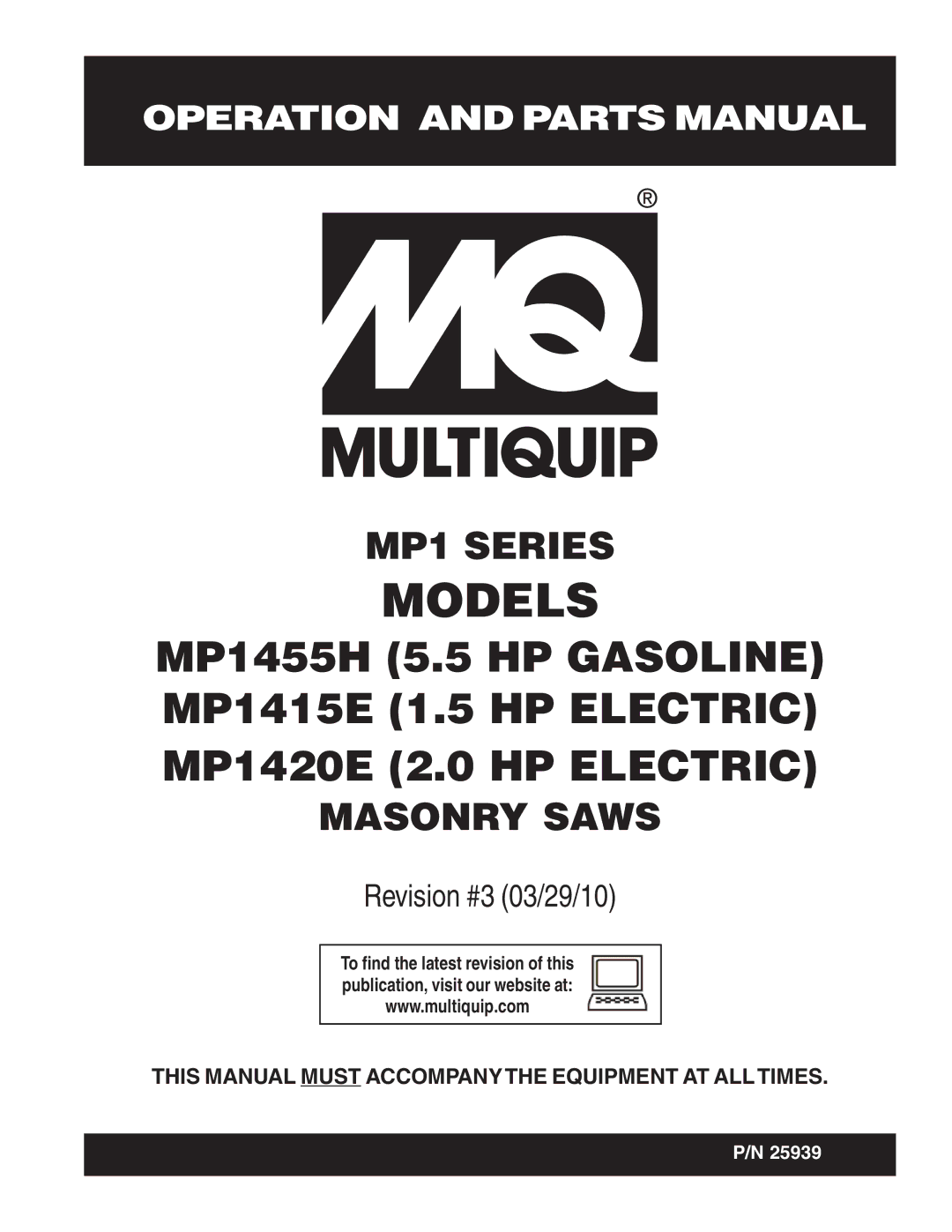 Multiquip MP1455H, MP1420E, MP1415E manual Models 