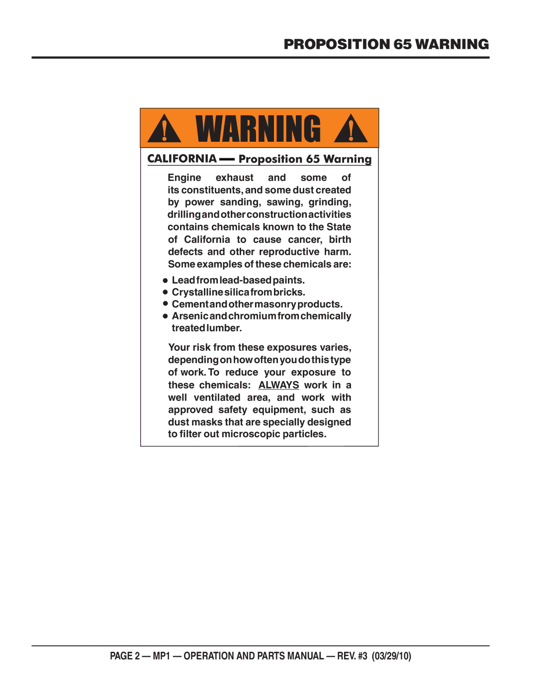 Multiquip MP1415E, MP1420E, MP1455H manual Proposition 65 Warning 