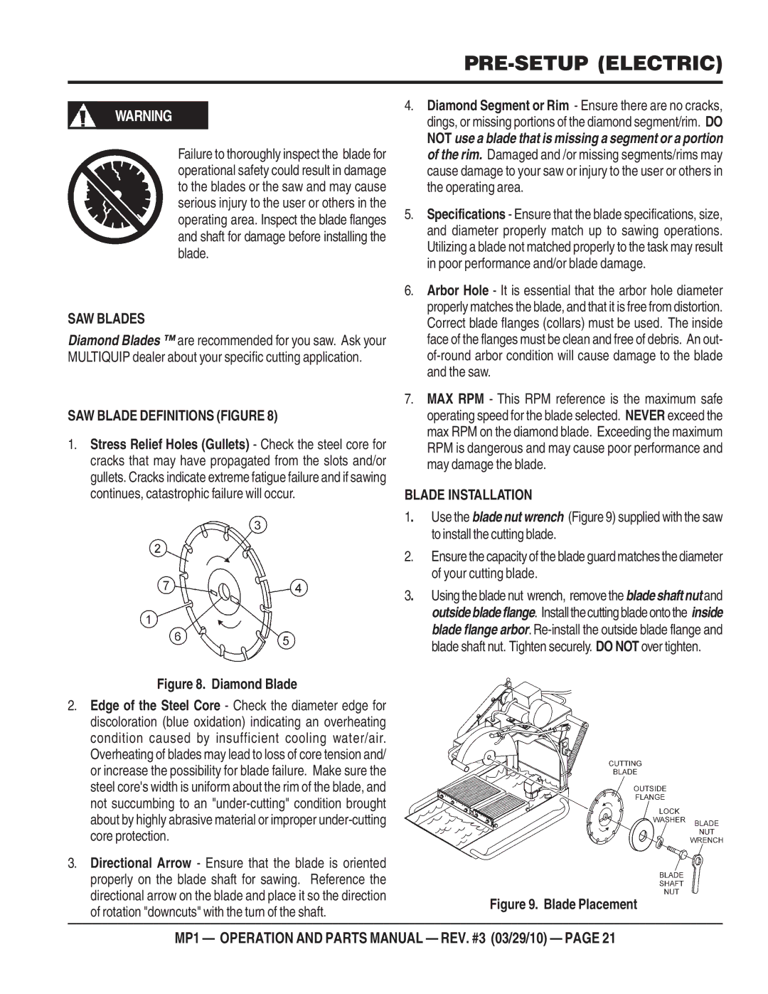 Multiquip MP1420E, MP1455H, MP1415E manual SAW Blades, SAW Blade Definitions Figure, Blade Installation 