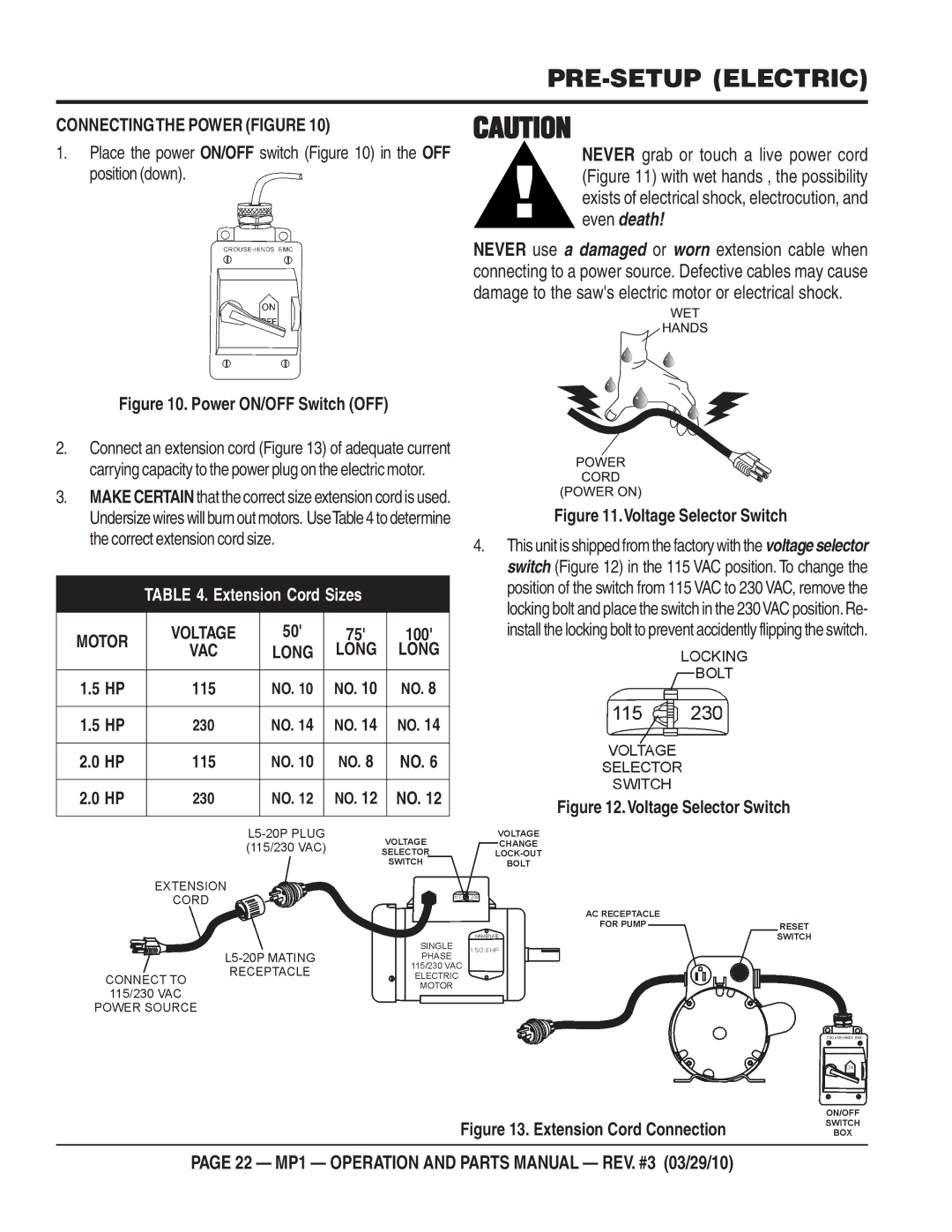 Multiquip MP1455H, MP1420E, MP1415E manual Connectingthe Power Figure, Motor Voltage 