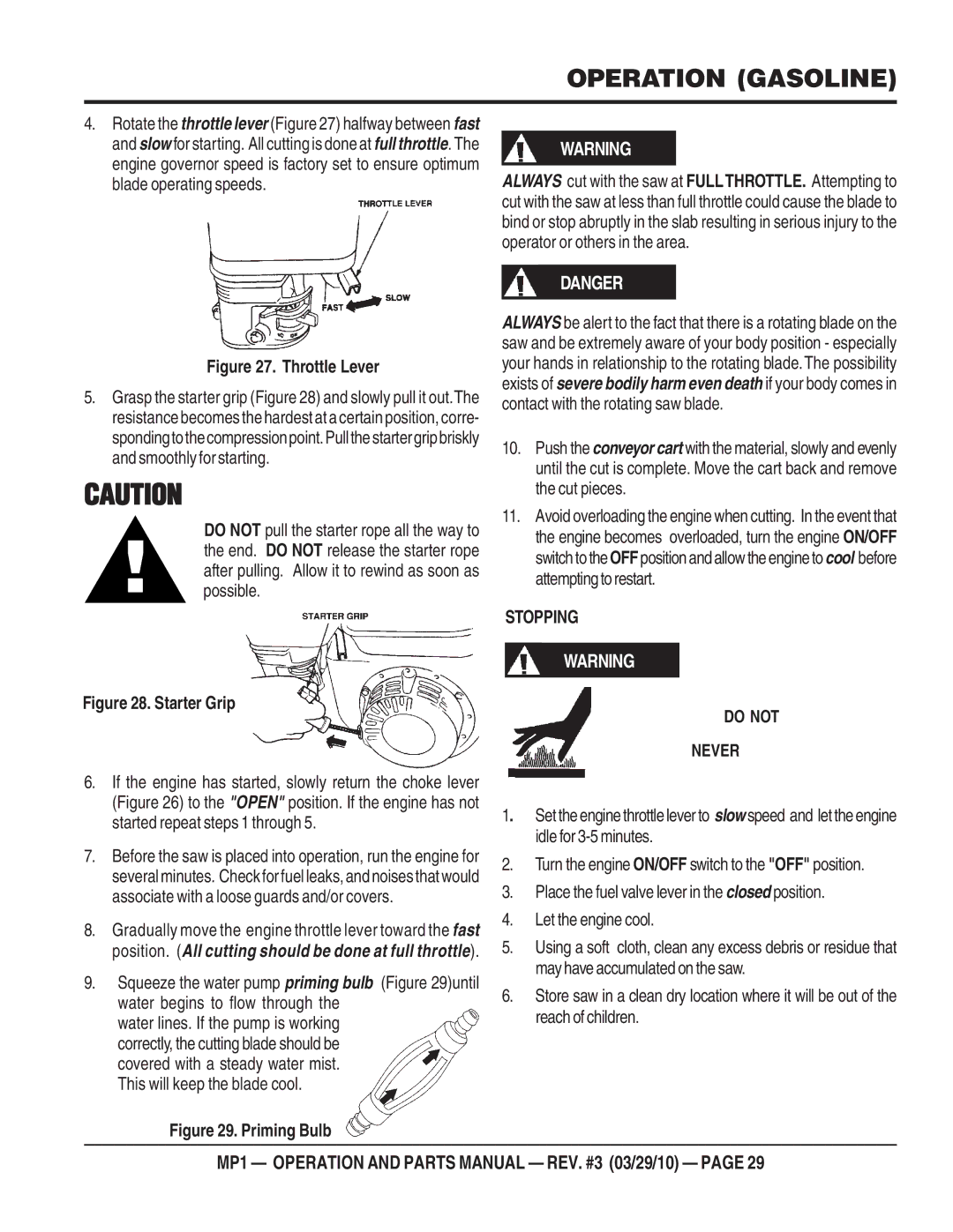 Multiquip MP1415E, MP1420E, MP1455H manual Throttle Lever, Stopping Do not Never 